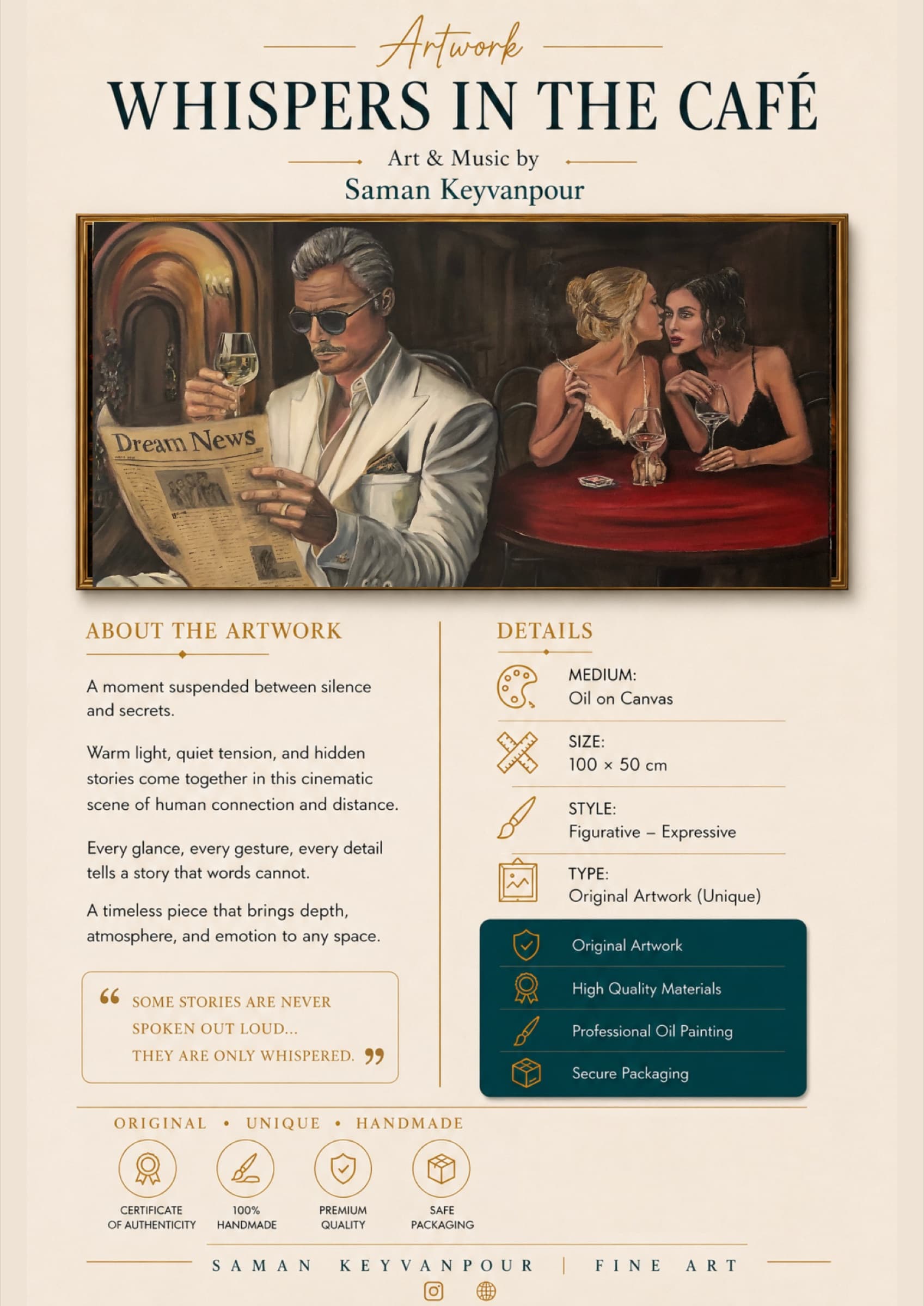 Infographic presentation for the artwork Whispers in the Café by Saman Keyvanpour, detailing the painting dimensions, oil on canvas medium, and artistic concept.