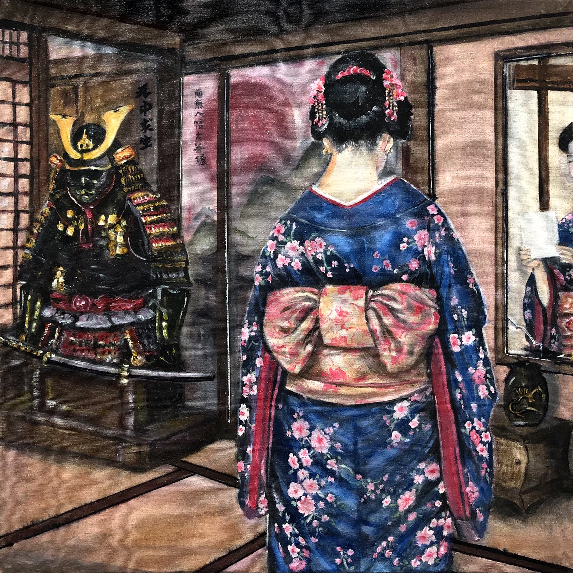 Oil painting titled After the Samurai by Saman Keyvanpour, showing a woman in a blue floral kimono from behind, looking at a traditional samurai armor in a Japanese room.