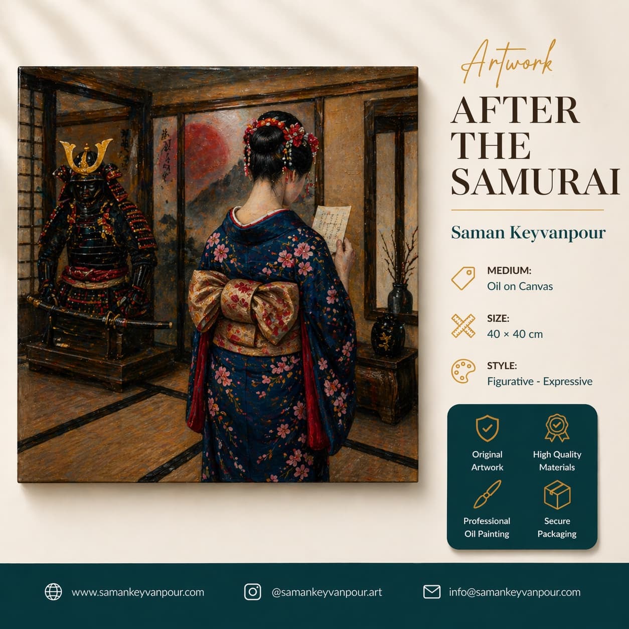 Infographic presentation card for the artwork After the Samurai by Saman Keyvanpour, combining the painting with its poetic lyrics and project details.