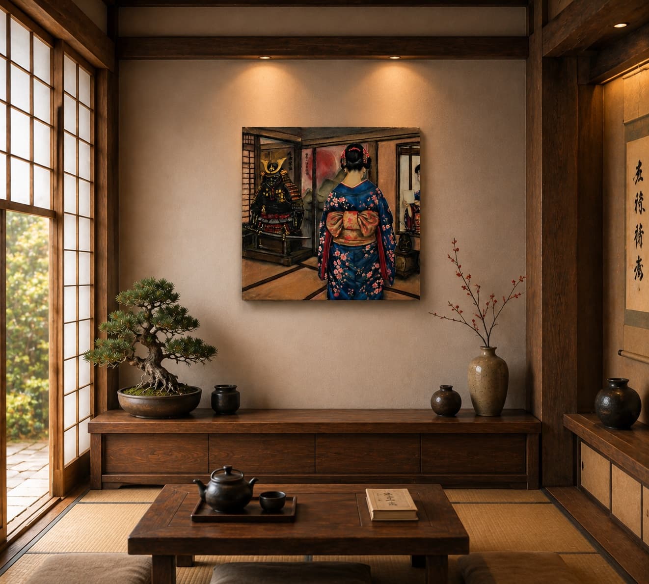 Framed square oil painting of After the Samurai by Saman Keyvanpour displayed on a wall in a refined, minimalist contemporary room setup.