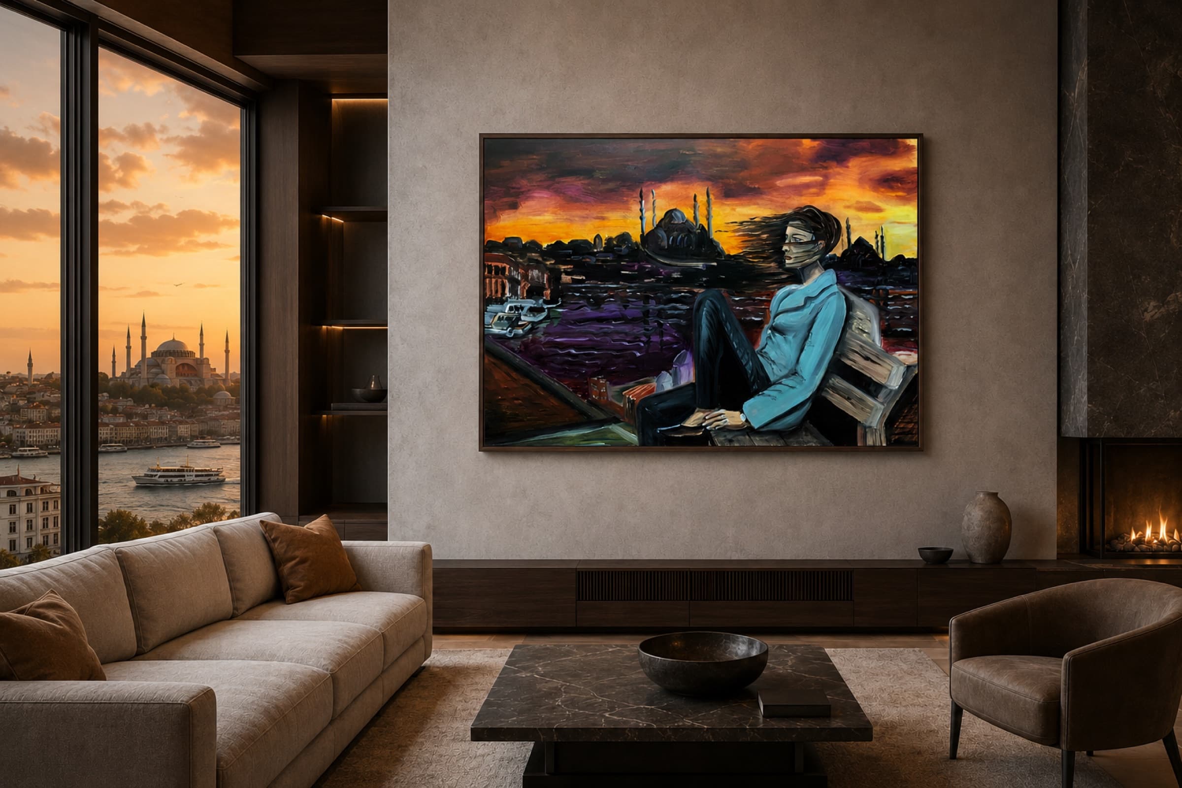 Framed oil painting of This Destiny Cannot Be by Saman Keyvanpour displayed on a contemporary living room wall under warm lighting.