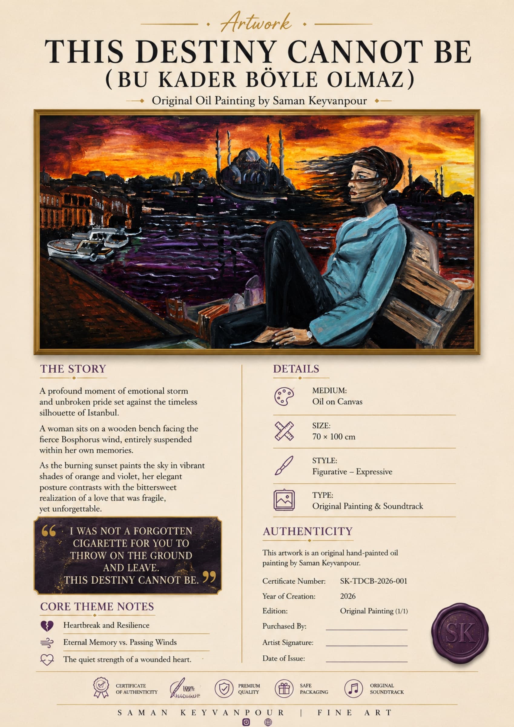 Infographic presentation for the artwork This Destiny Cannot Be by Saman Keyvanpour, featuring the Istanbul-themed painting and its lyrical concept.