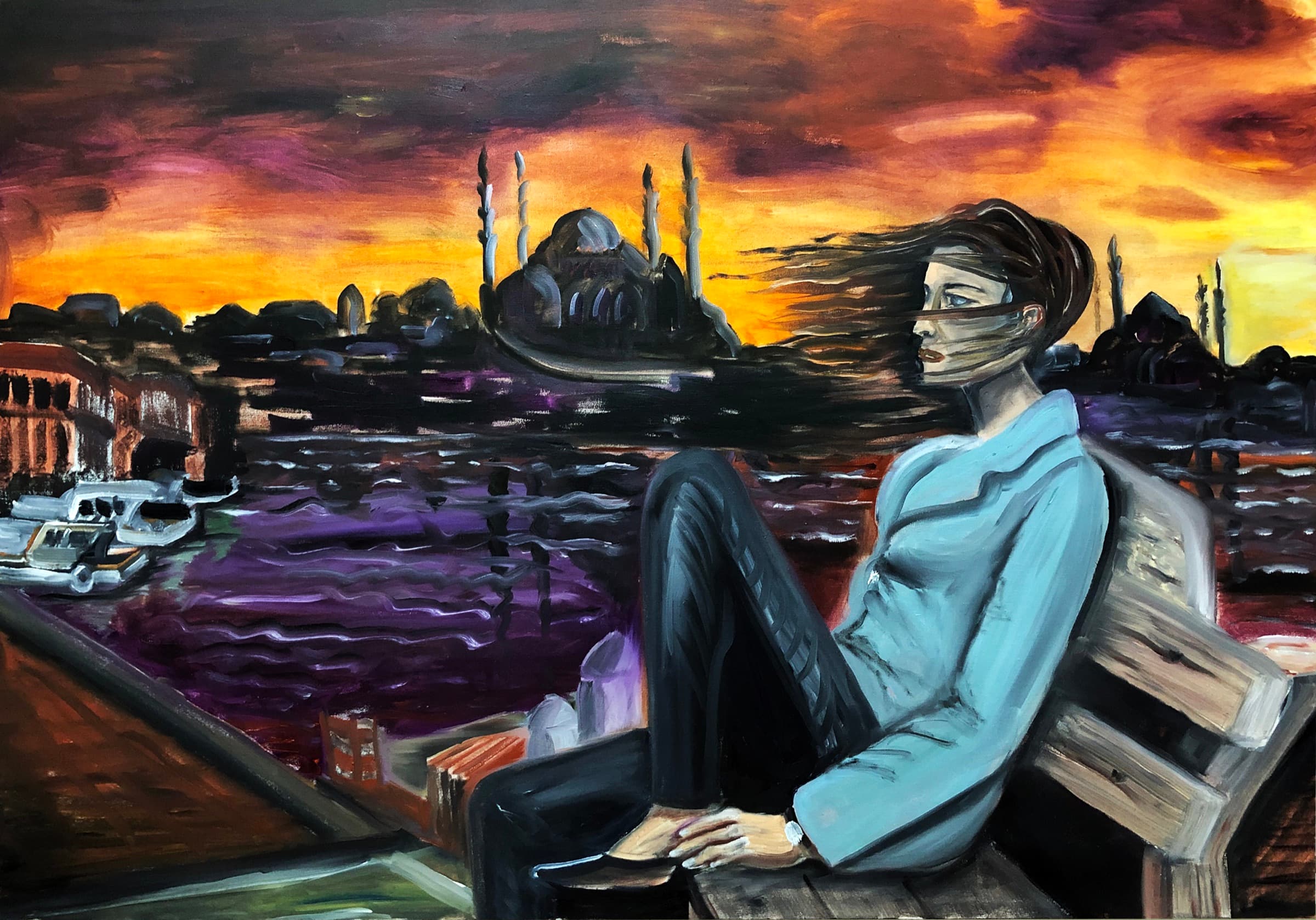 Oil painting titled This Destiny Cannot Be by Saman Keyvanpour, depicting a woman in a turquoise jacket on a bench looking towards the Istanbul skyline and Bosphorus during a dramatic sunset.