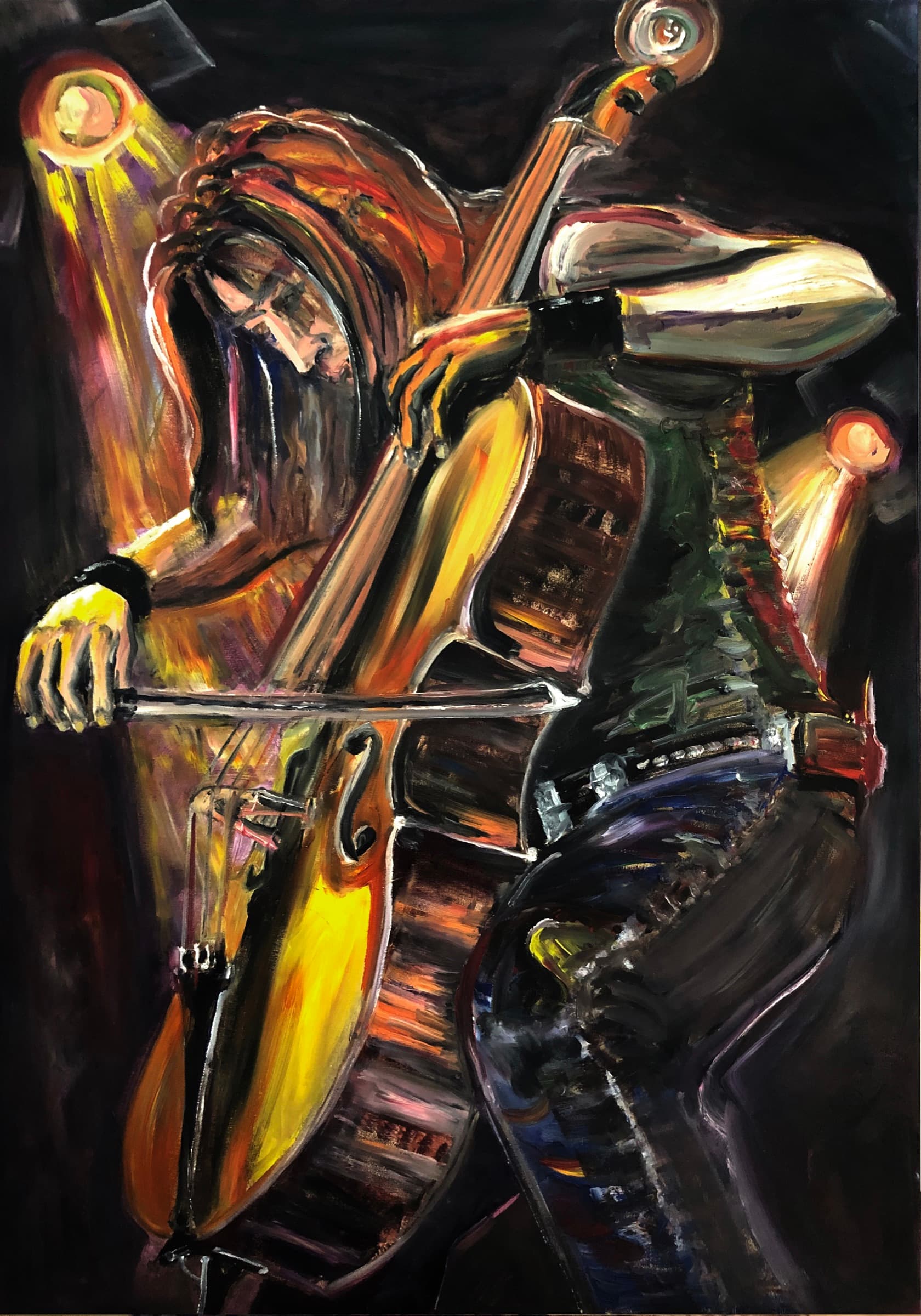 Oil painting titled Cellist's Breath by Saman Keyvanpour, depicting an expressive cellist completely absorbed in playing his instrument under a dramatic yellow spotlight.
