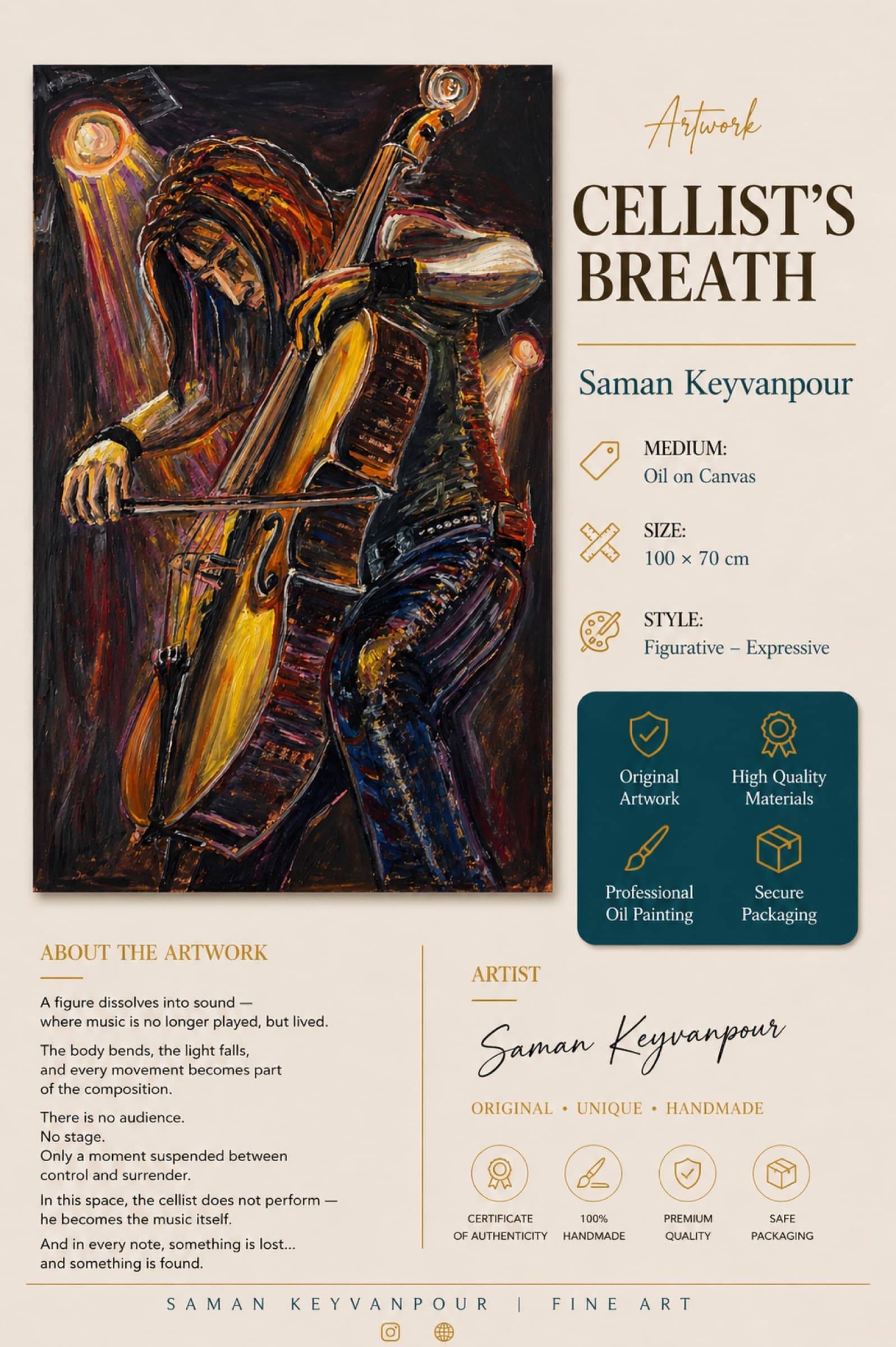 Infographic presentation for the artwork Cellist's Breath by Saman Keyvanpour, featuring the painting, conceptual text, and canvas dimensions.
