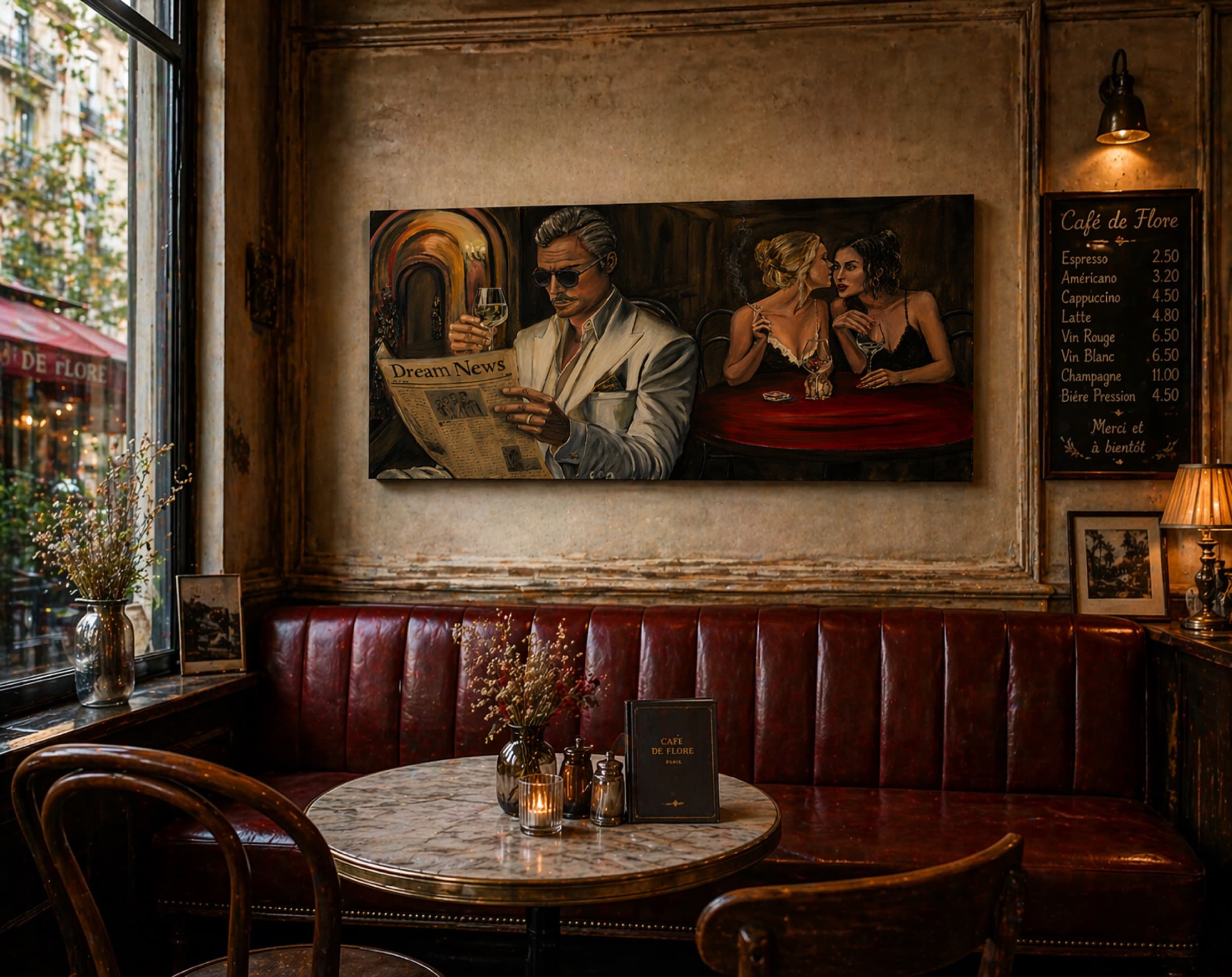 Framed oil painting of Whispers in the Café by Saman Keyvanpour displayed on a wall in a modern room setup with stylish lighting.
