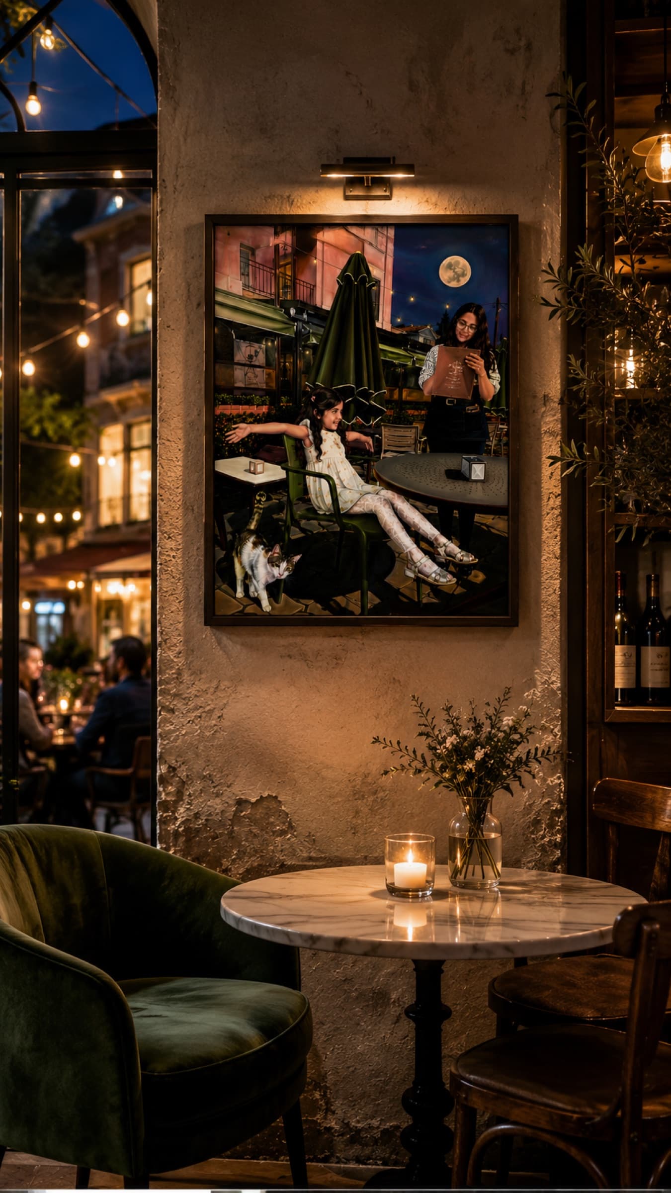 Framed oil painting of Very Very Big Pizza by Saman Keyvanpour displayed on a wall in a beautifully lit contemporary interior design room.