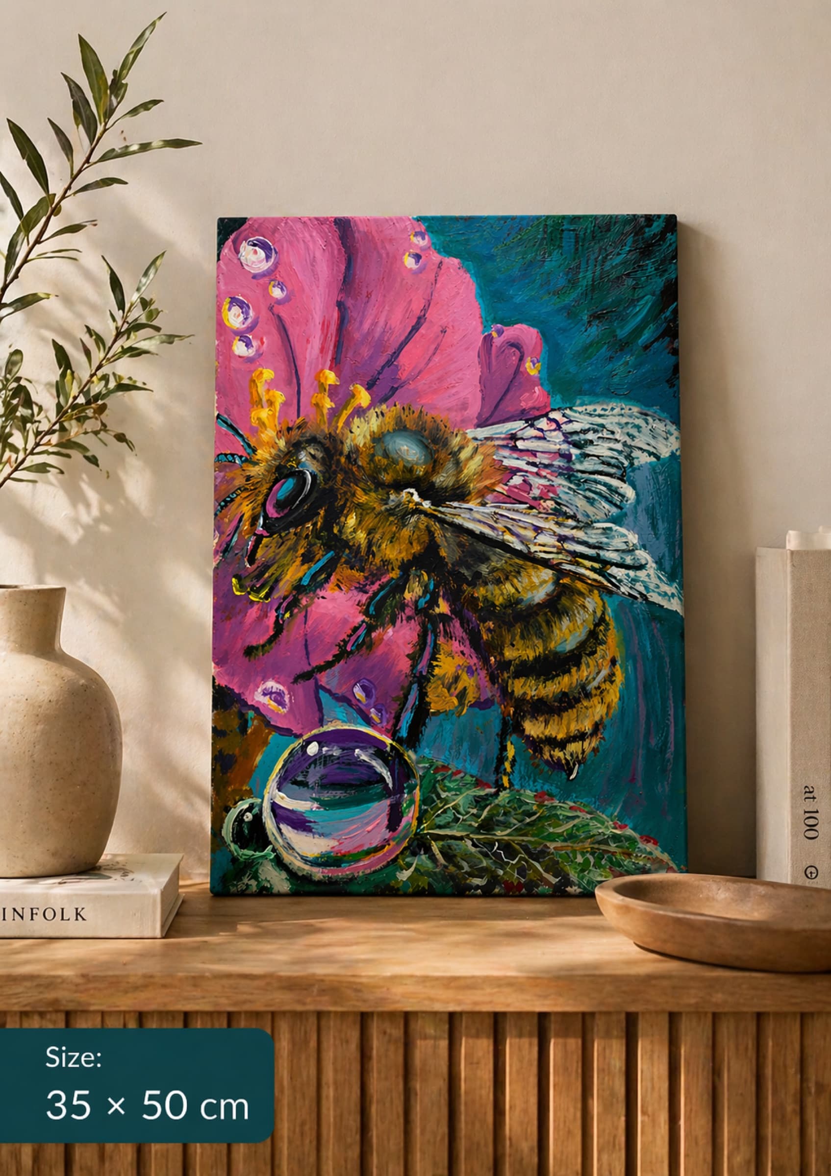 Framed acrylic painting of Honey Bee by Saman Keyvanpour displayed on a wall in a contemporary interior room setup.