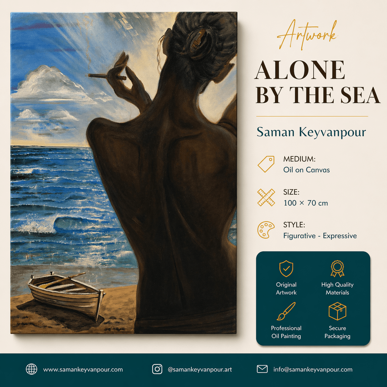 Infographic presentation for the artwork Alone by the Sea by Saman Keyvanpour, combining the painting with song lyrics and project details.