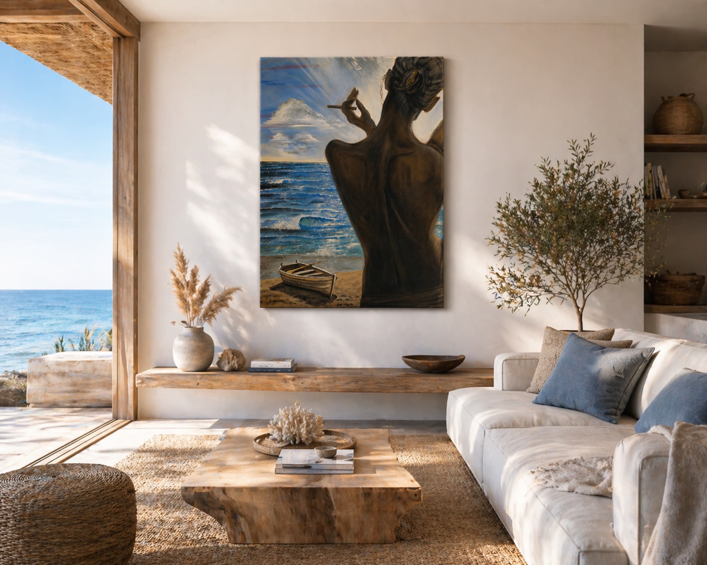 Framed oil painting of Alone by the Sea by Saman Keyvanpour displayed on a wall in a modern room setup with elegant furniture.