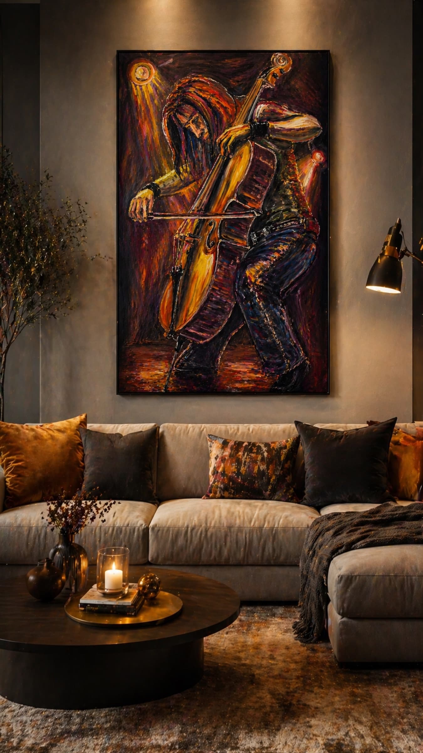 Framed oil painting of Cellist's Breath by Saman Keyvanpour displayed on a wall in a modern room setup with premium interior design.