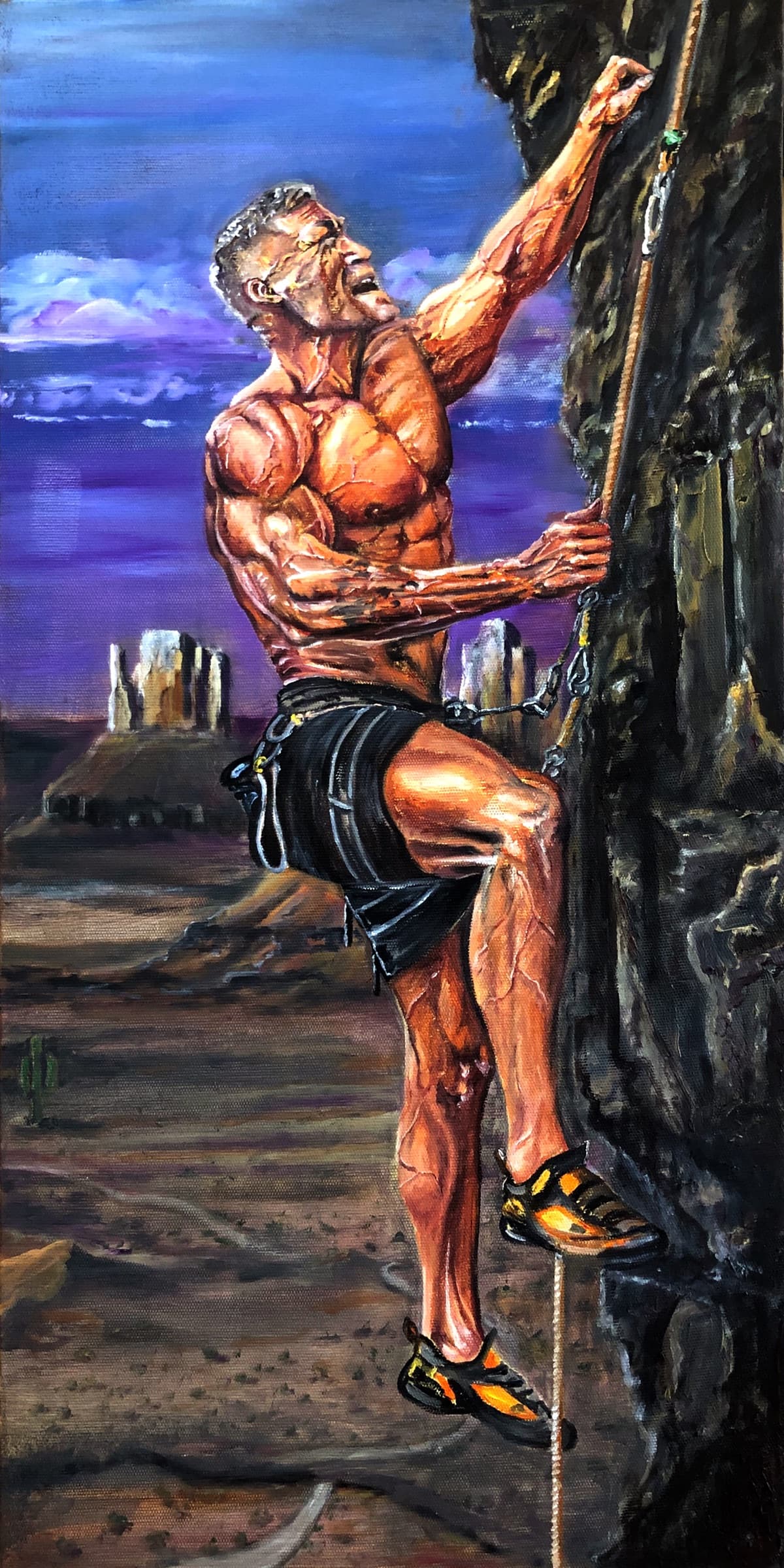 Oil painting titled Stone and Soul by Saman Keyvanpour, showing a muscular man climbing a rugged rock cliff face with intense effort.