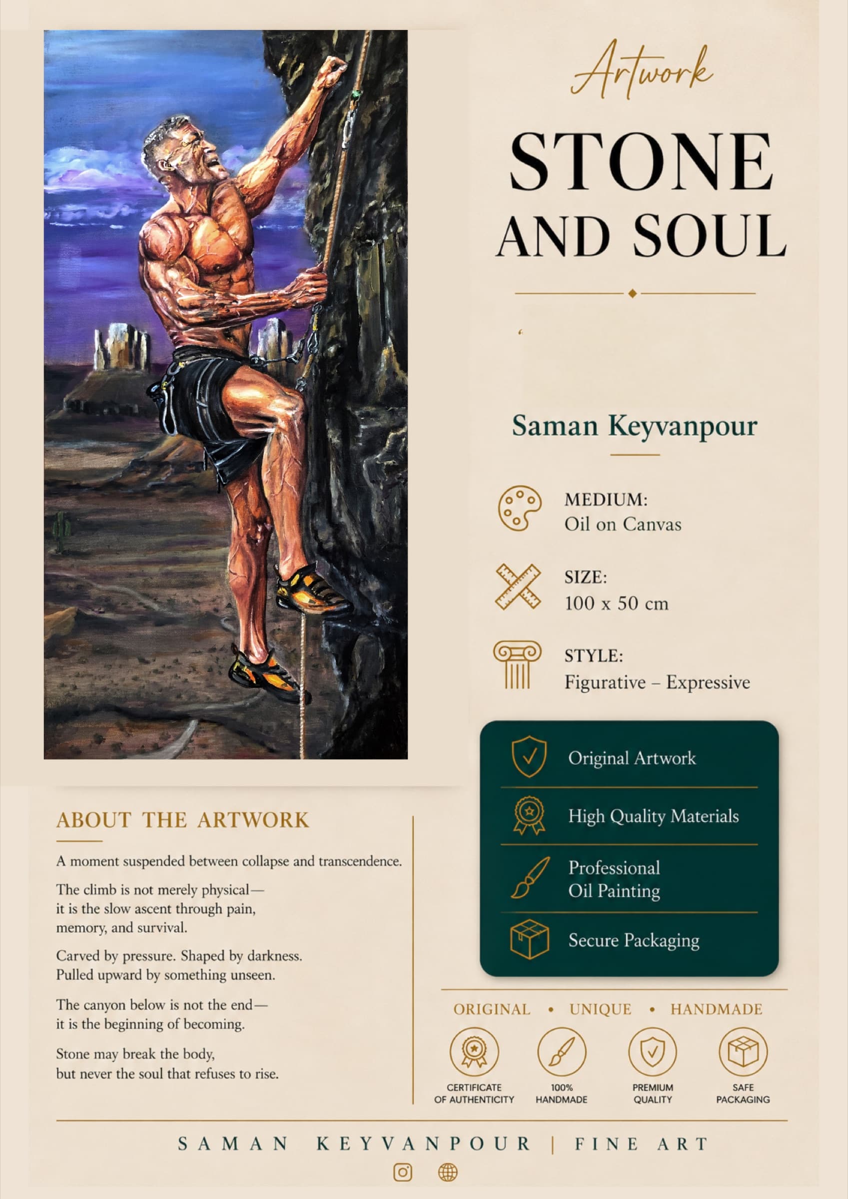 Infographic presentation for the artwork Stone and Soul by Saman Keyvanpour, featuring the painting, conceptual text, and canvas dimensions.