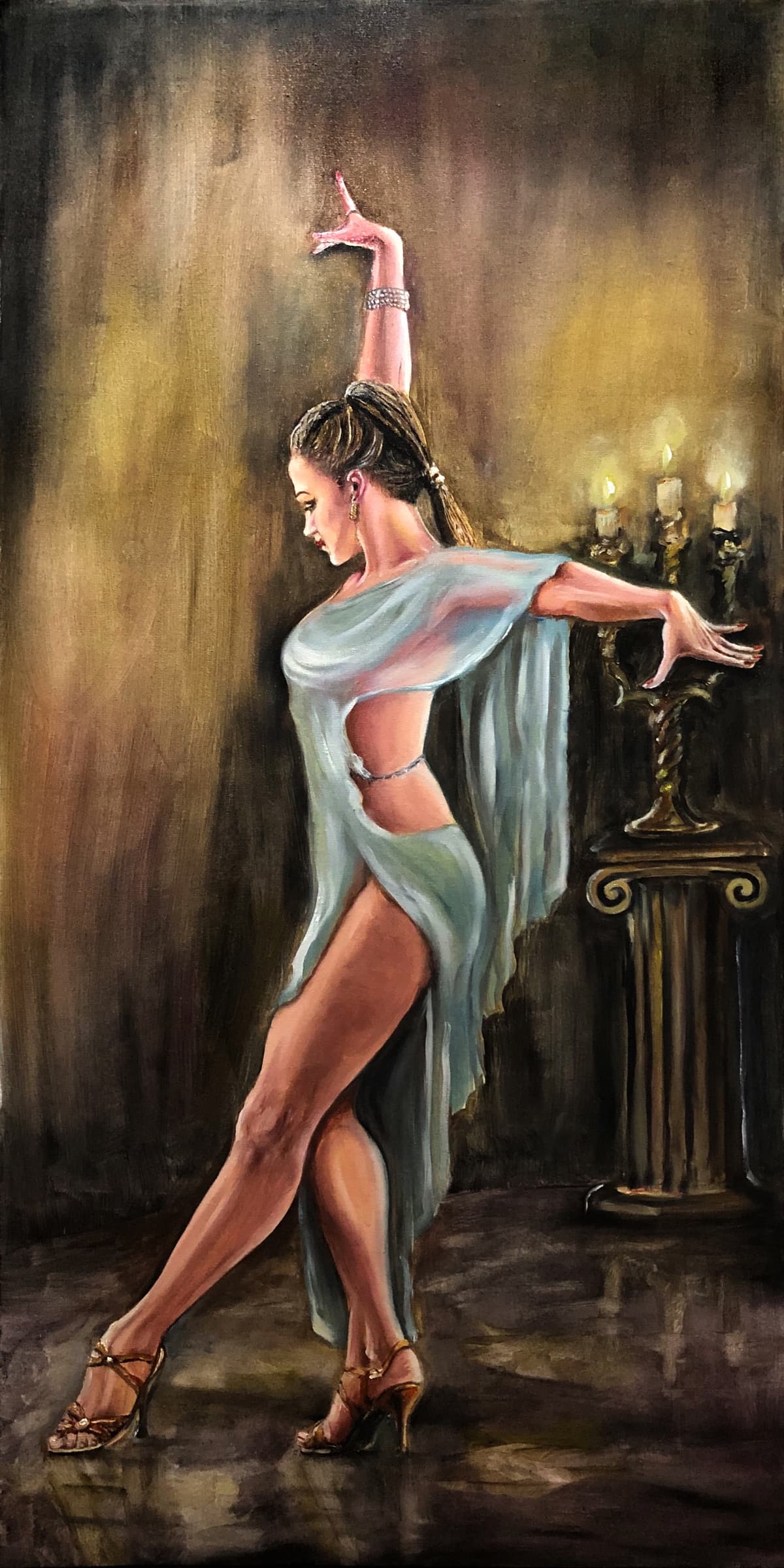 Oil painting titled Dance for the Candles by Saman Keyvanpour, showing a graceful woman in a light blue dress dancing next to a classic candelabra.
