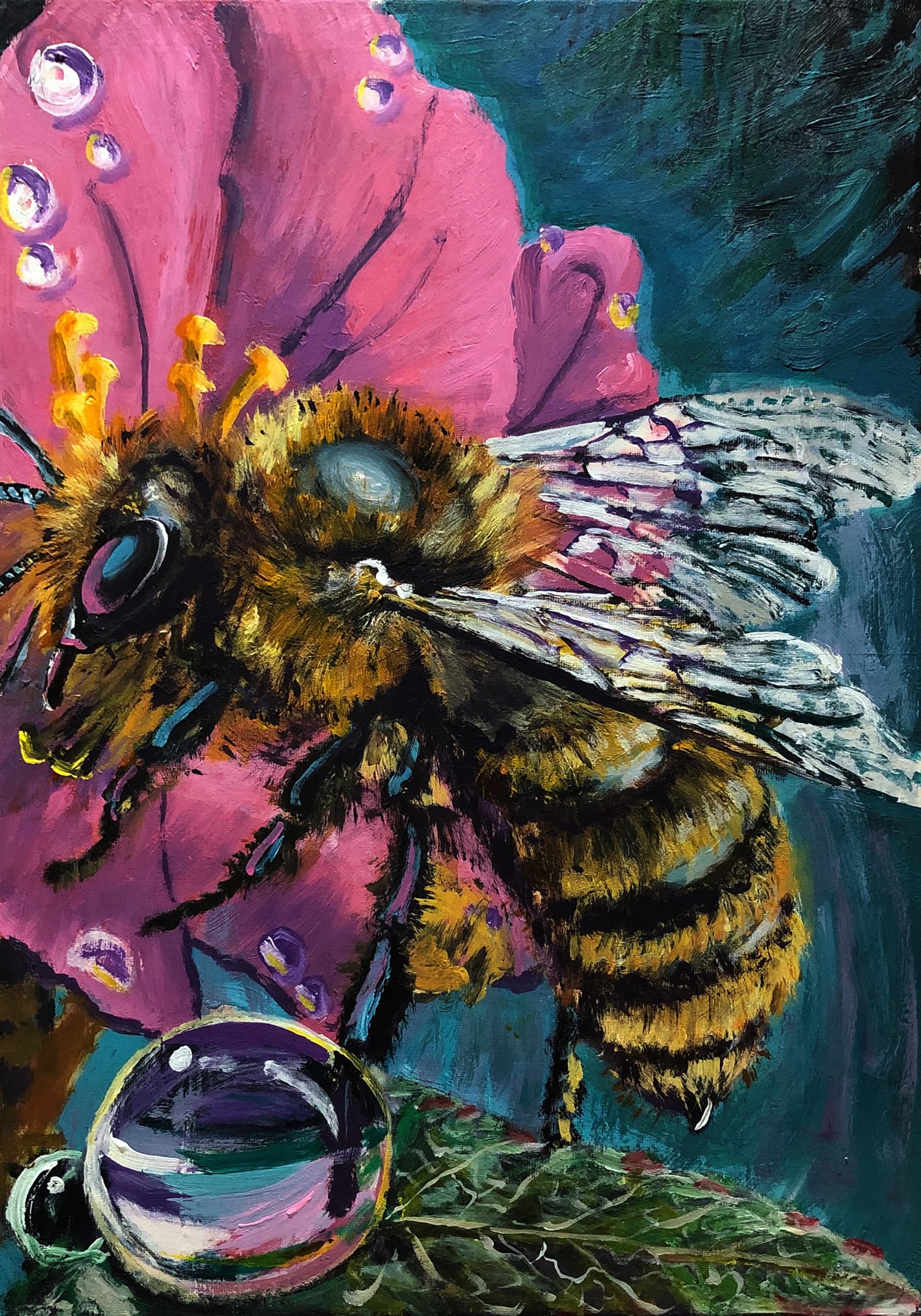 Acrylic painting titled Honey Bee by Saman Keyvanpour, showing a highly detailed close-up of a honey bee on a vibrant pink and purple flower petal with a water droplet.