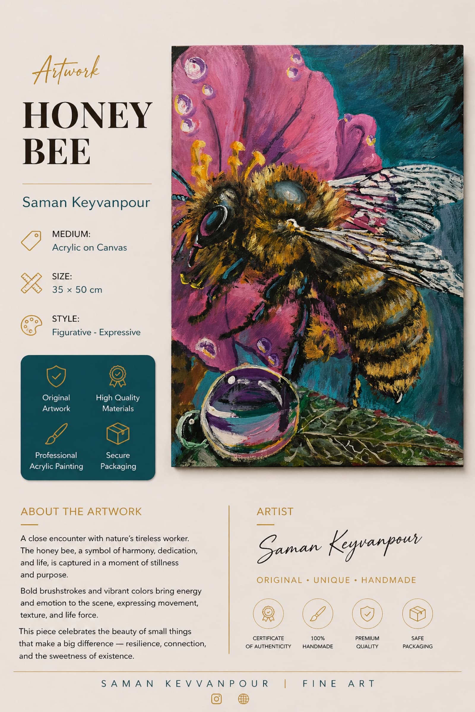 Infographic presentation for the artwork Honey Bee by Saman Keyvanpour, showcasing the canvas size, acrylic medium, and figurative-expressive style.