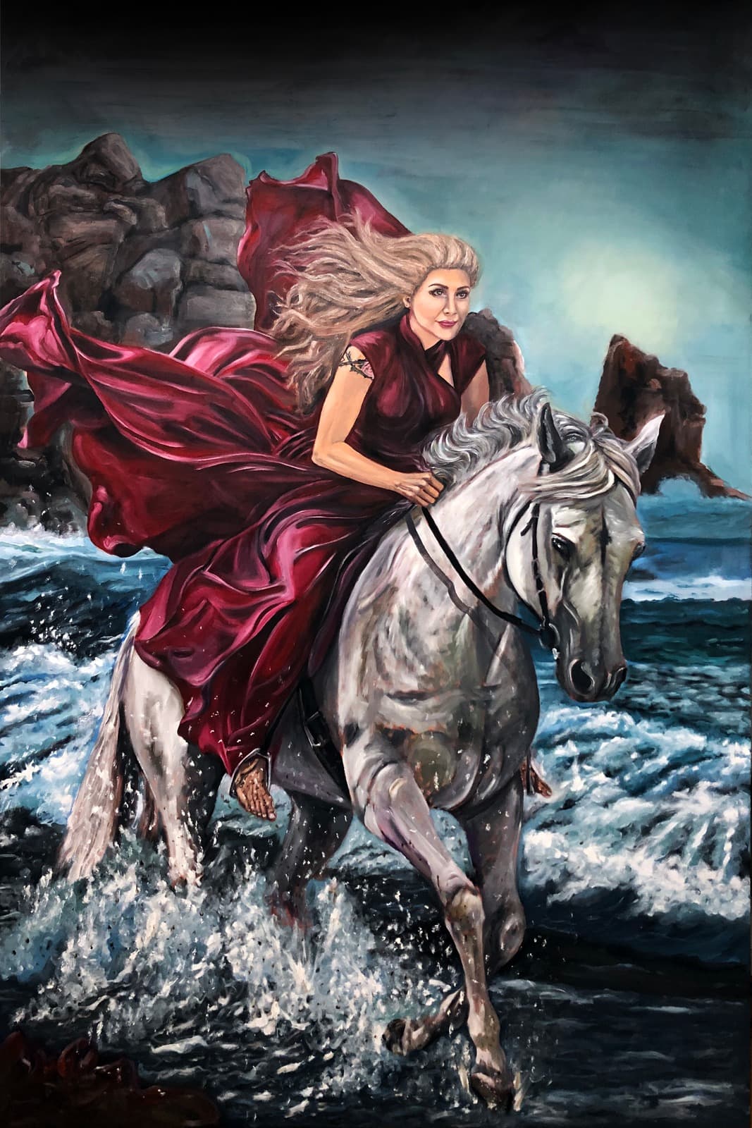 A monumental contemporary oil painting titled Nastaran by Saman Keyvanpour, depicting a powerful woman in a flowing crimson dress riding a white horse through turbulent sea waves and a dark rocky landscape.