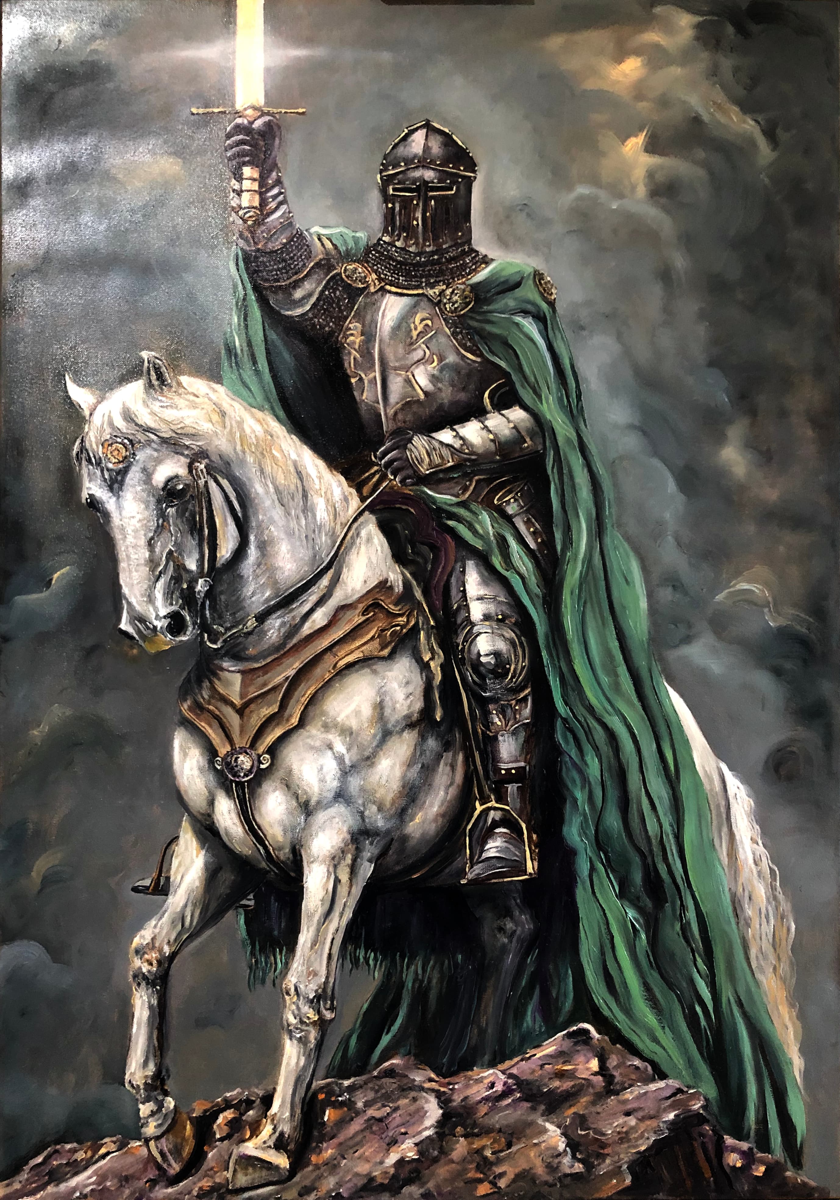 Oil painting titled Pirouz, the Knight by Saman Keyvanpour, showing a heavily armored knight on a white horse raising a sword against a stormy sky.