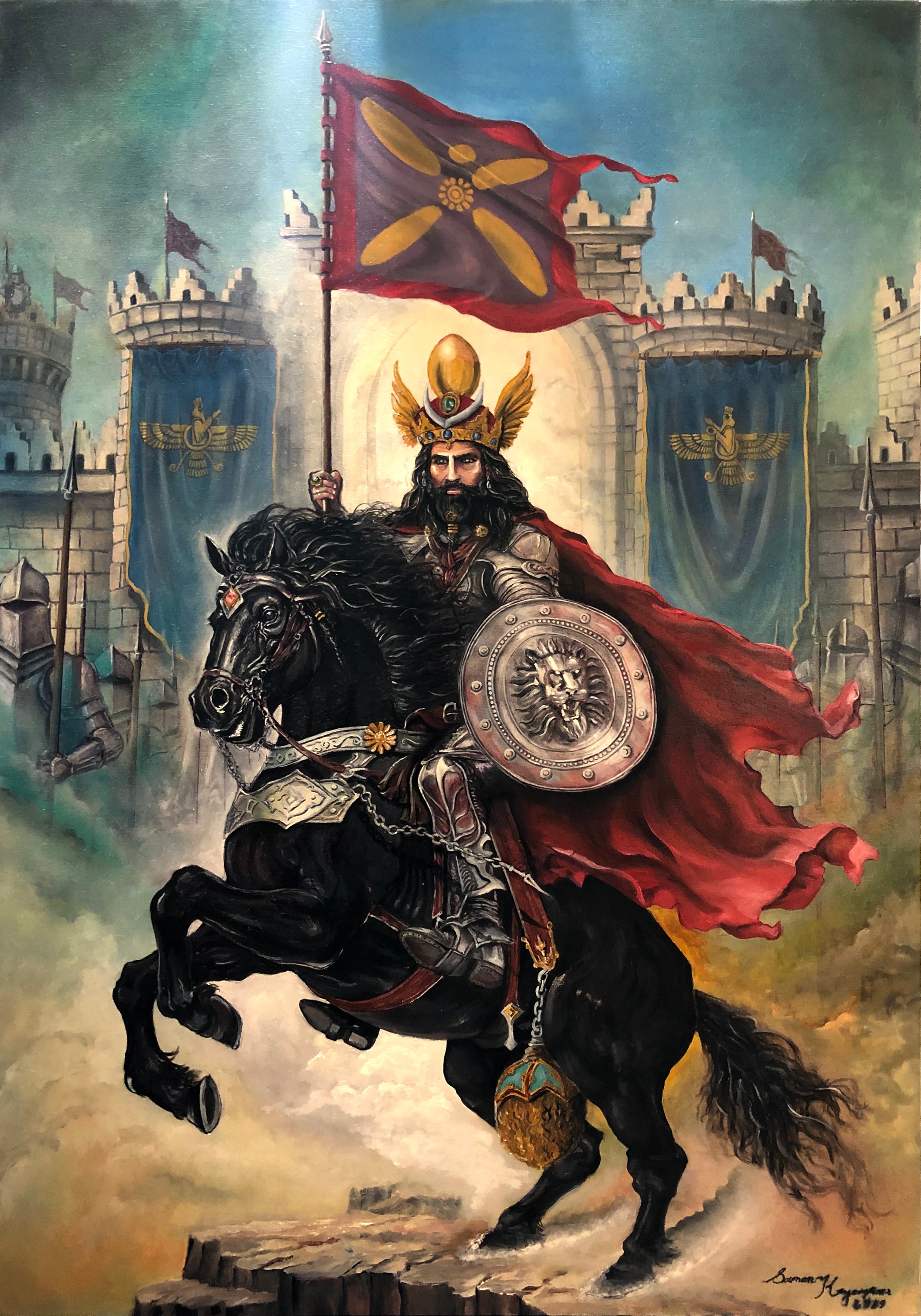 Oil painting titled Shabdiz by Saman Keyvanpour, showing King Khosrow Parviz in royal attire riding his legendary rearing black horse against a historic fortress backdrop.