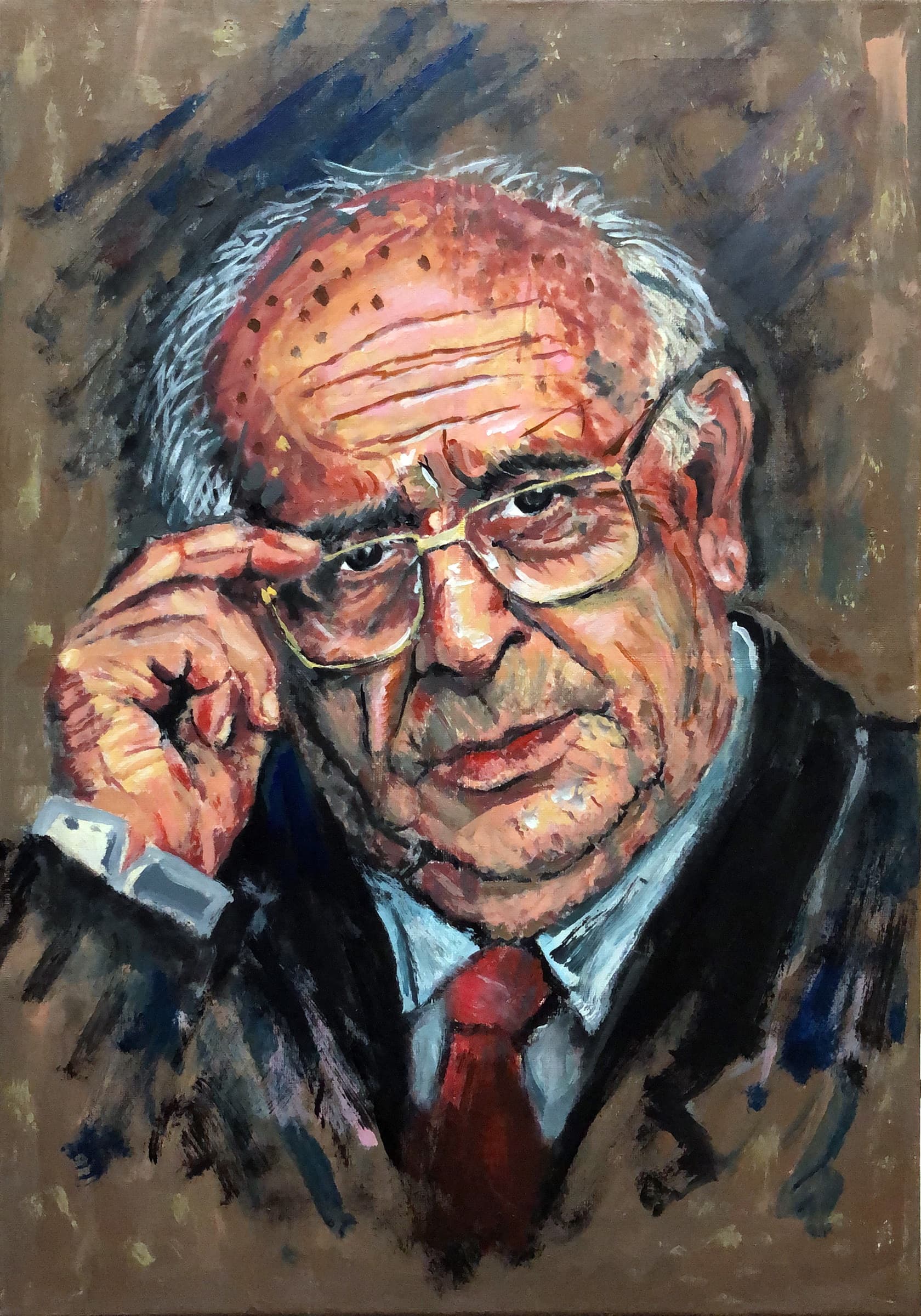 Acrylic portrait painting of Süleyman Demirel by Saman Keyvanpour, showing the statesman looking through his glasses with a thoughtful expression.