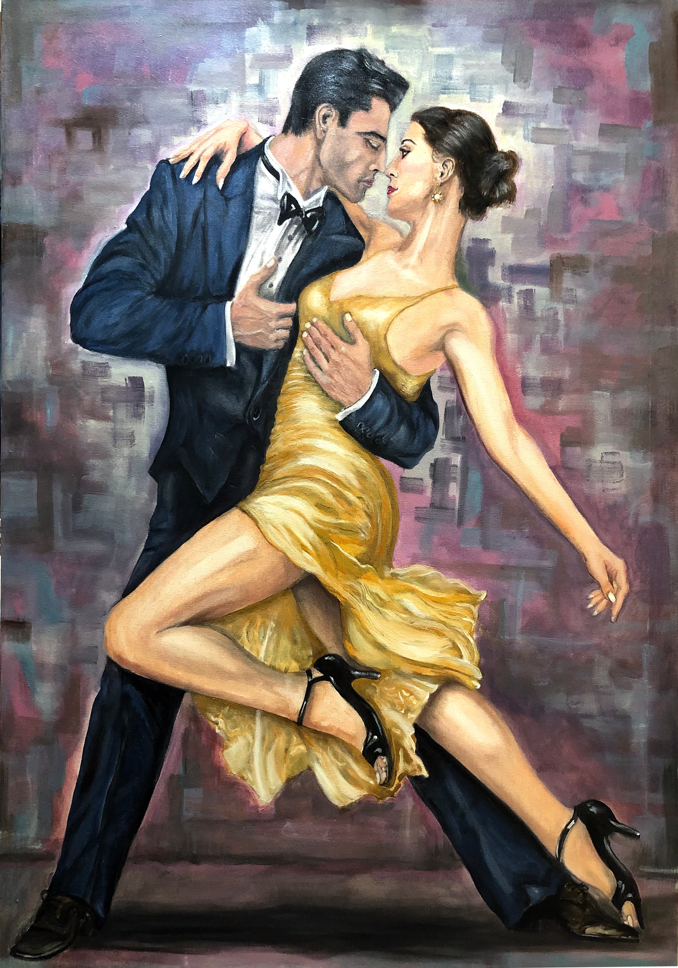Oil painting titled Tango of Two by Saman Keyvanpour, depicting an elegant man in a tuxedo and a woman in a vibrant golden dress locked in an intense tango dance.