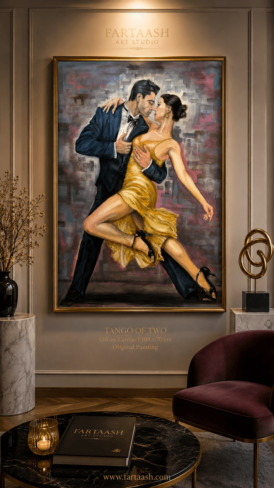 Framed oil painting of Tango of Two by Saman Keyvanpour displayed on a feature wall in a premium contemporary room setup.