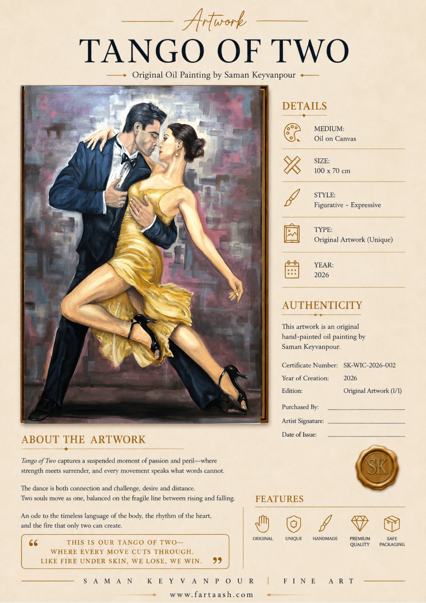  Infographic presentation card for the artwork Tango of Two by Saman Keyvanpour, combining the painting with its lyrical concept and canvas details.