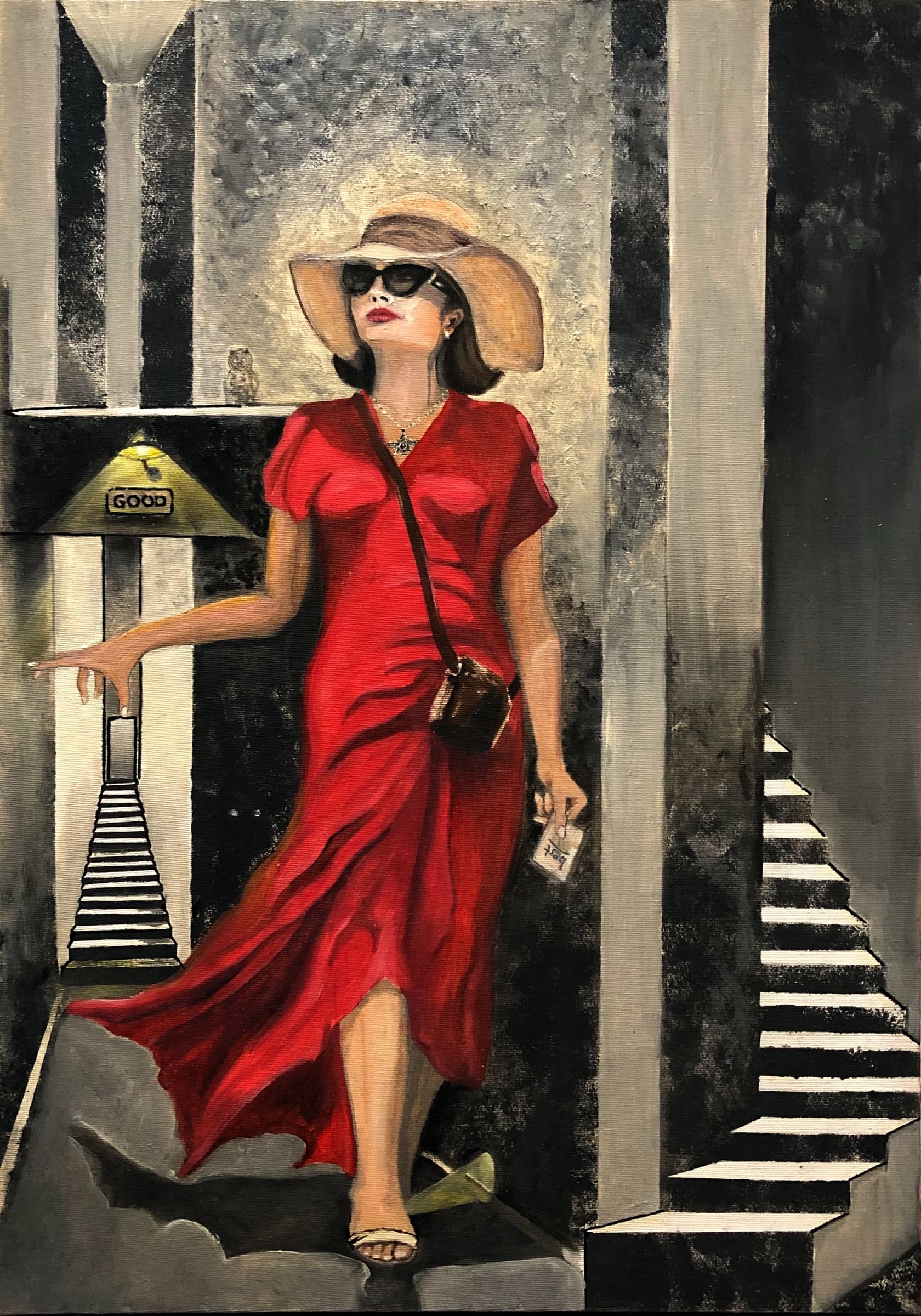 Oil painting titled The Best by Saman Keyvanpour, showing a confident woman in a vibrant red dress and a sun hat walking past monochrome structures.