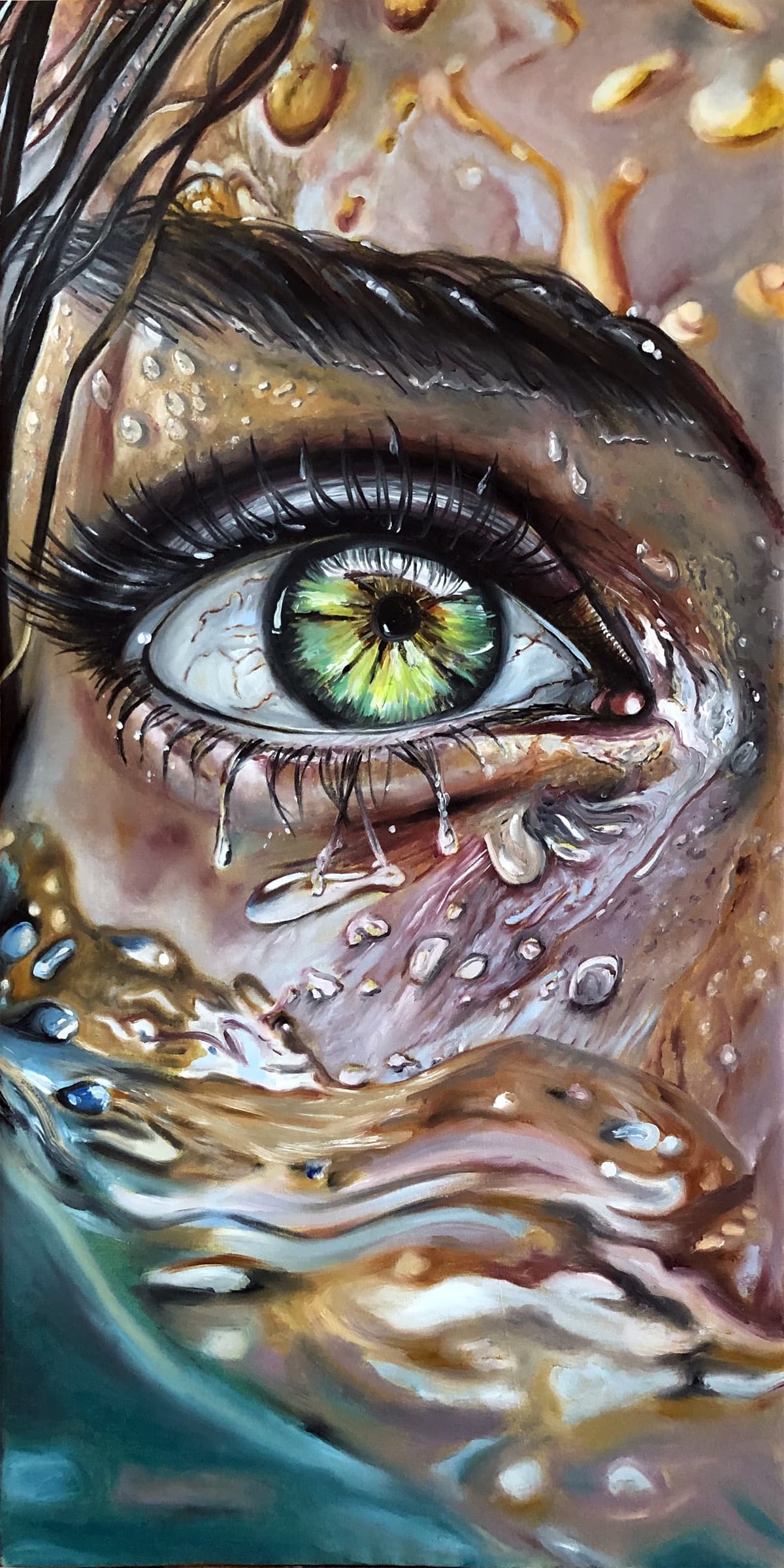 Oil painting titled The Eye Within by Saman Keyvanpour, featuring a hyper-realistic close-up of a vibrant green eye covered with water droplets and fluid reflections.