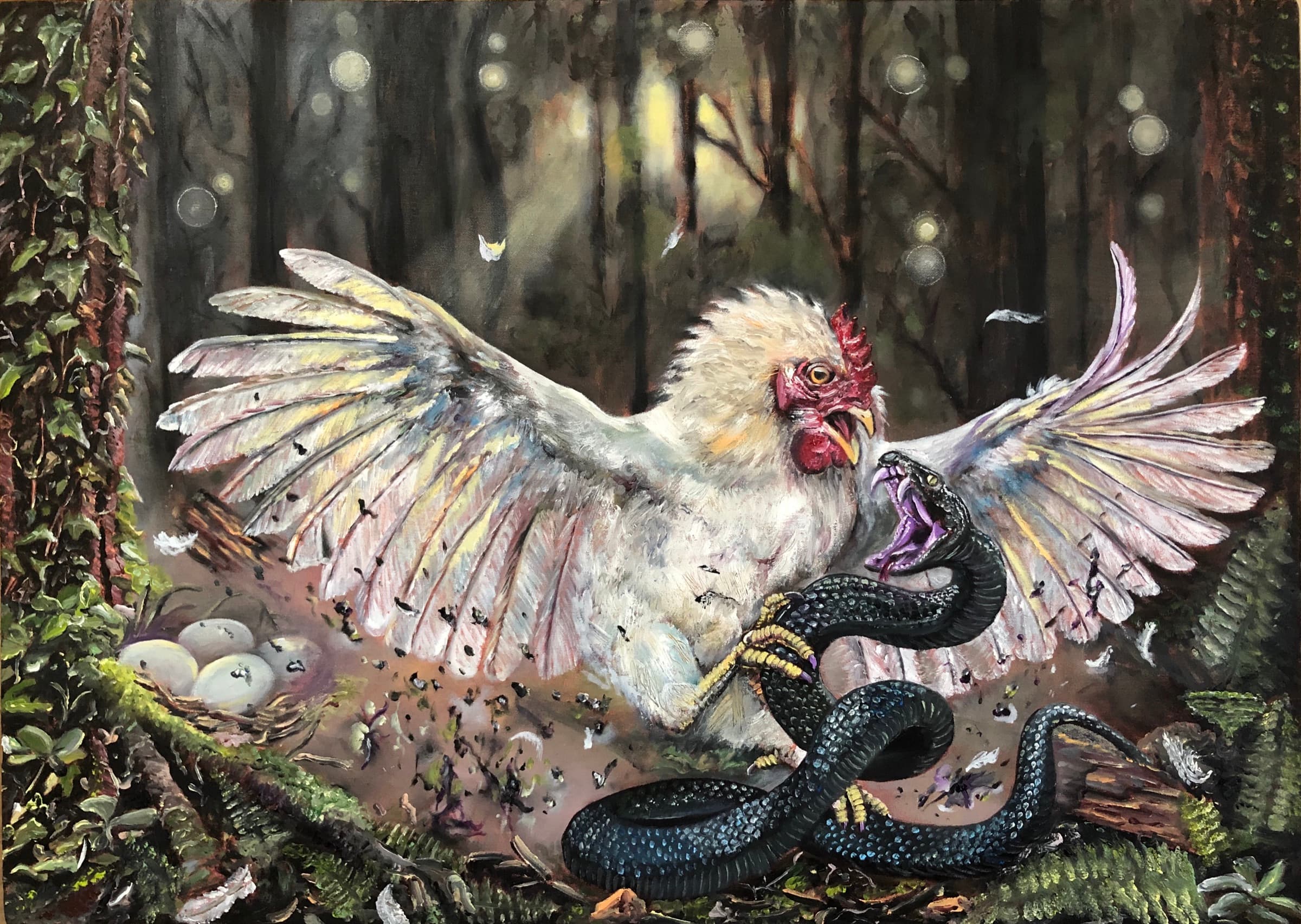 Oil painting titled The White Hen and the Snake by Saman Keyvanpour, depicting a dramatic battle between a protective white hen and a coiled black serpent in a dark forest.