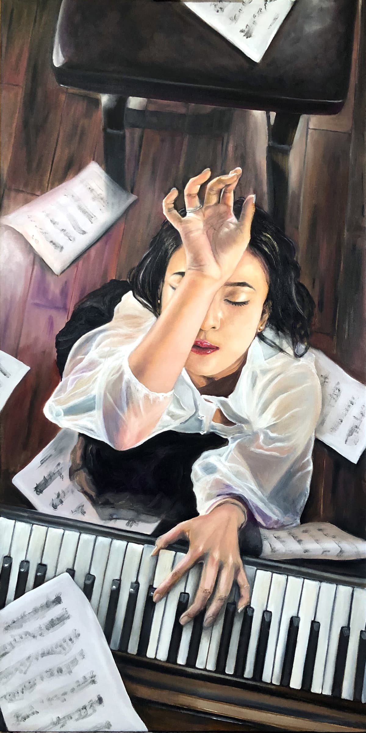 Oil painting titled The Last Note by Saman Keyvanpour, showing a top-down view of an exhausted female pianist leaning over a piano surrounded by sheet music.