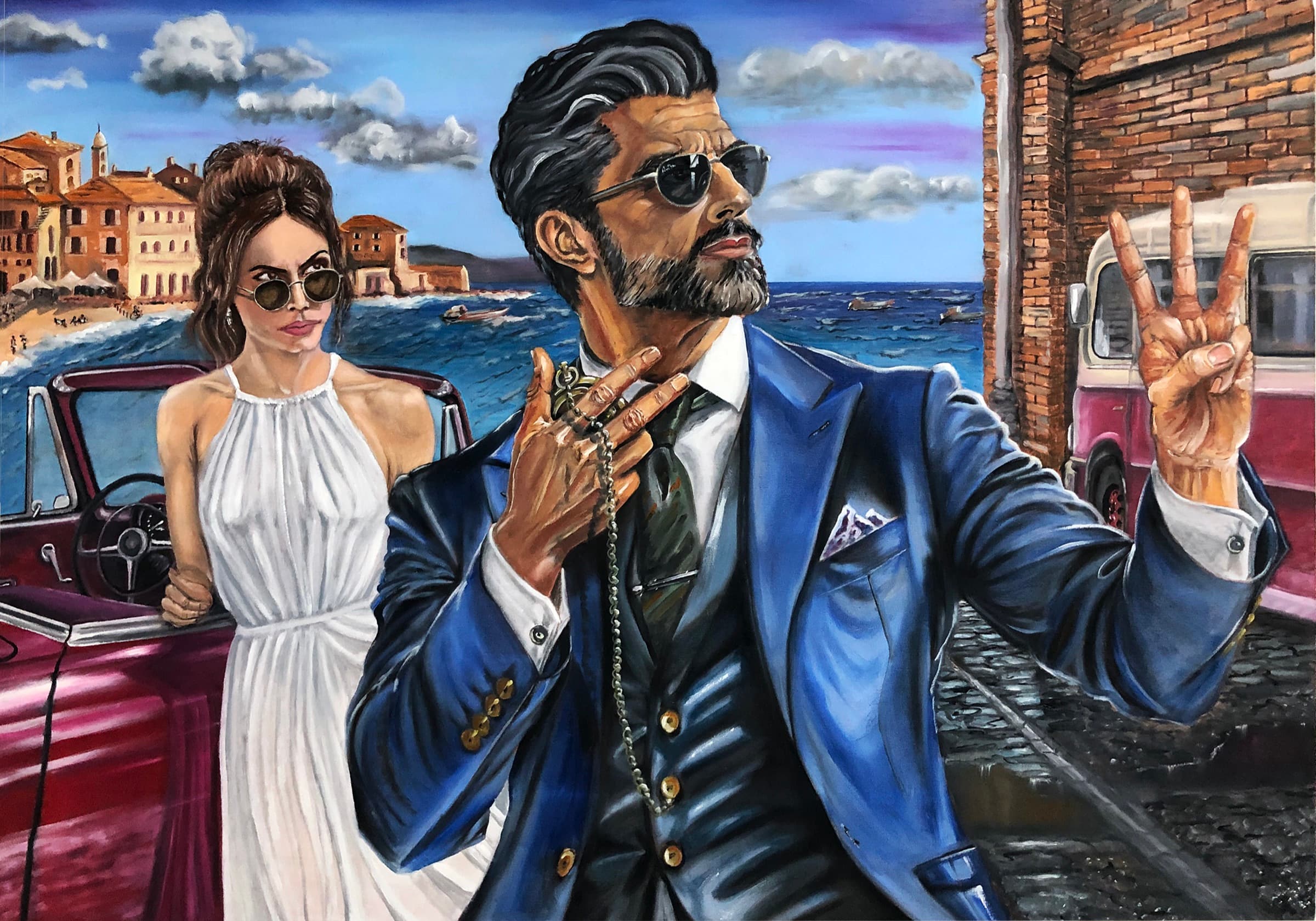 Oil painting titled Three Minutes by Saman Keyvanpour, featuring an elegant man in a blue suit gesturing three fingers next to a woman in a white dress and a vintage car by the sea.