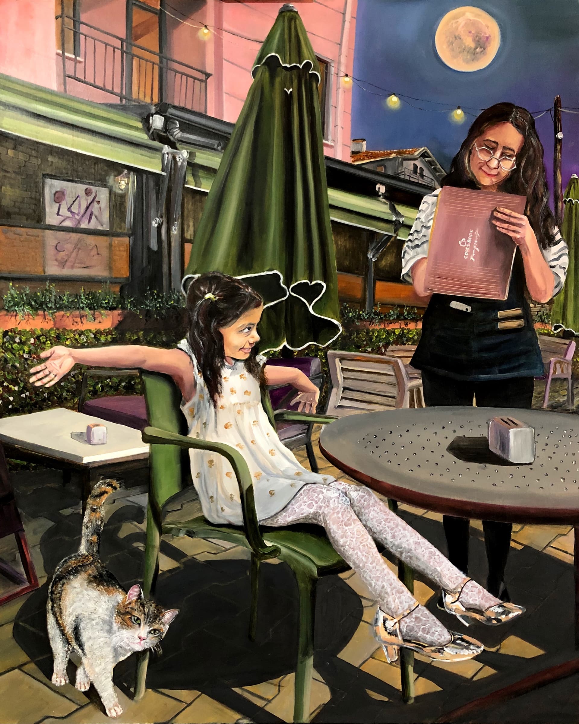 Oil painting titled Very Very Big Pizza by Saman Keyvanpour, showing a young girl stretching her arms out wide at a moonlit café table while an elegant woman holds a menu next to her.