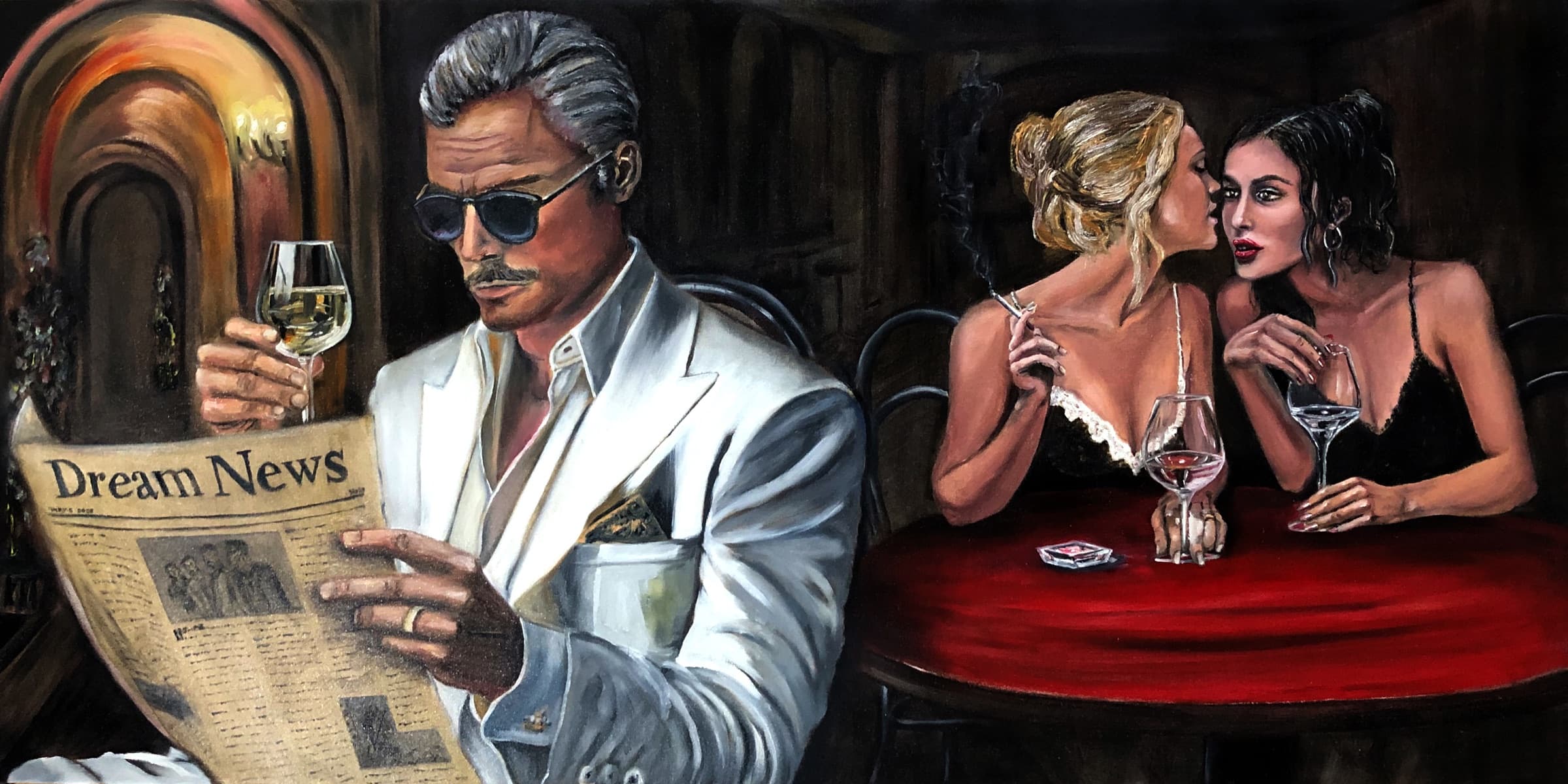 Oil painting titled Whispers in the Café by Saman Keyvanpour, showing a man in a white suit reading a newspaper while two women whisper at a red bar table.
