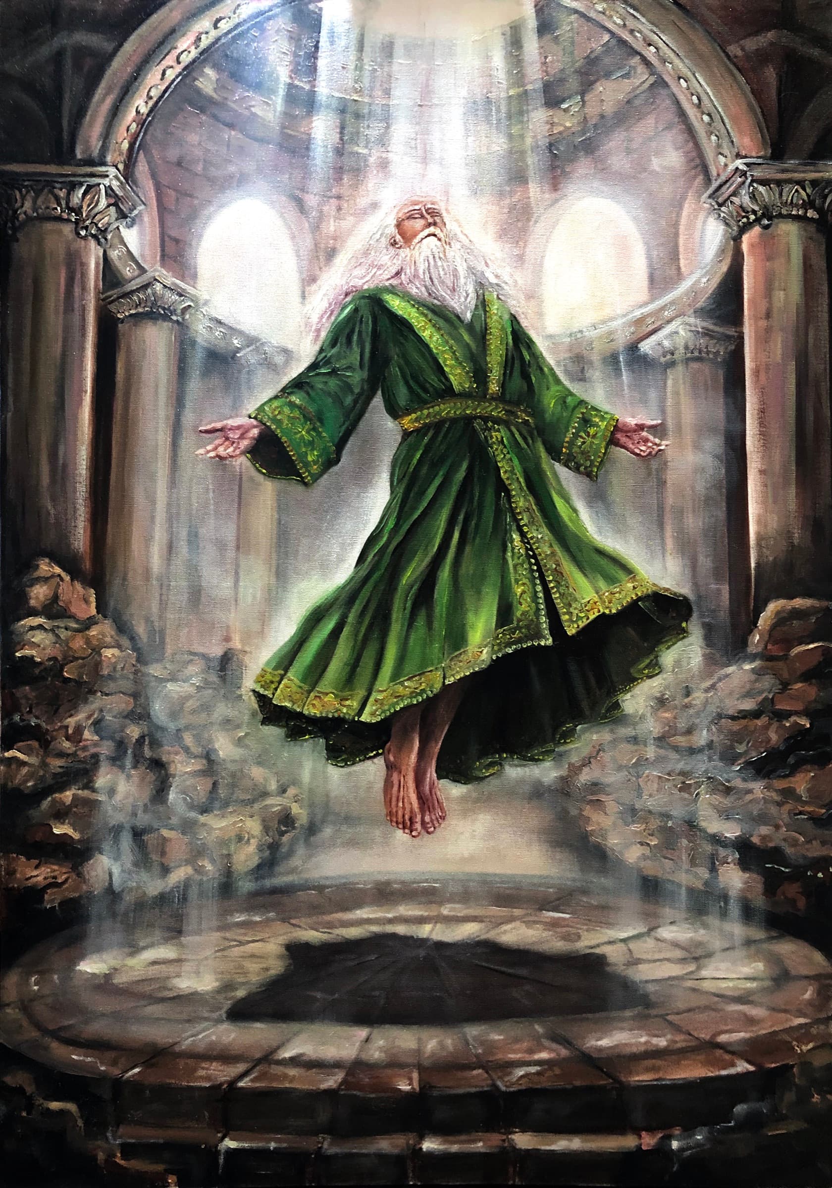 Oil painting titled Zarathustra - Master of Ascension by Saman Keyvanpour, showing a long-bearded man in a green robe levitating inside a sunlit stone temple.