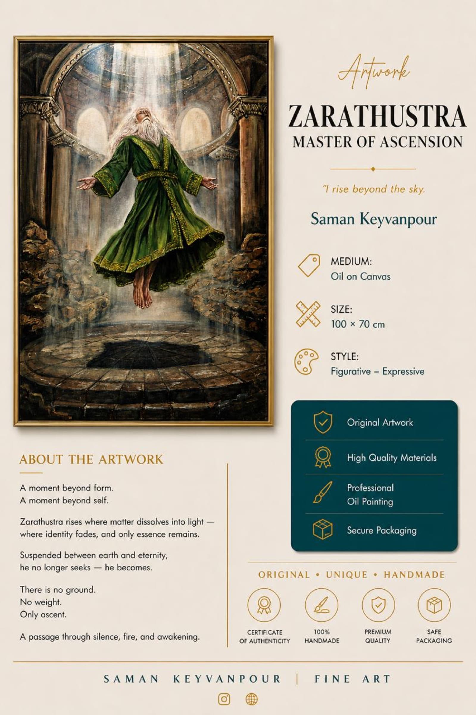 Infographic presentation for the artwork Zarathustra - Master of Ascension, featuring the painting, song lyrics, and project details.