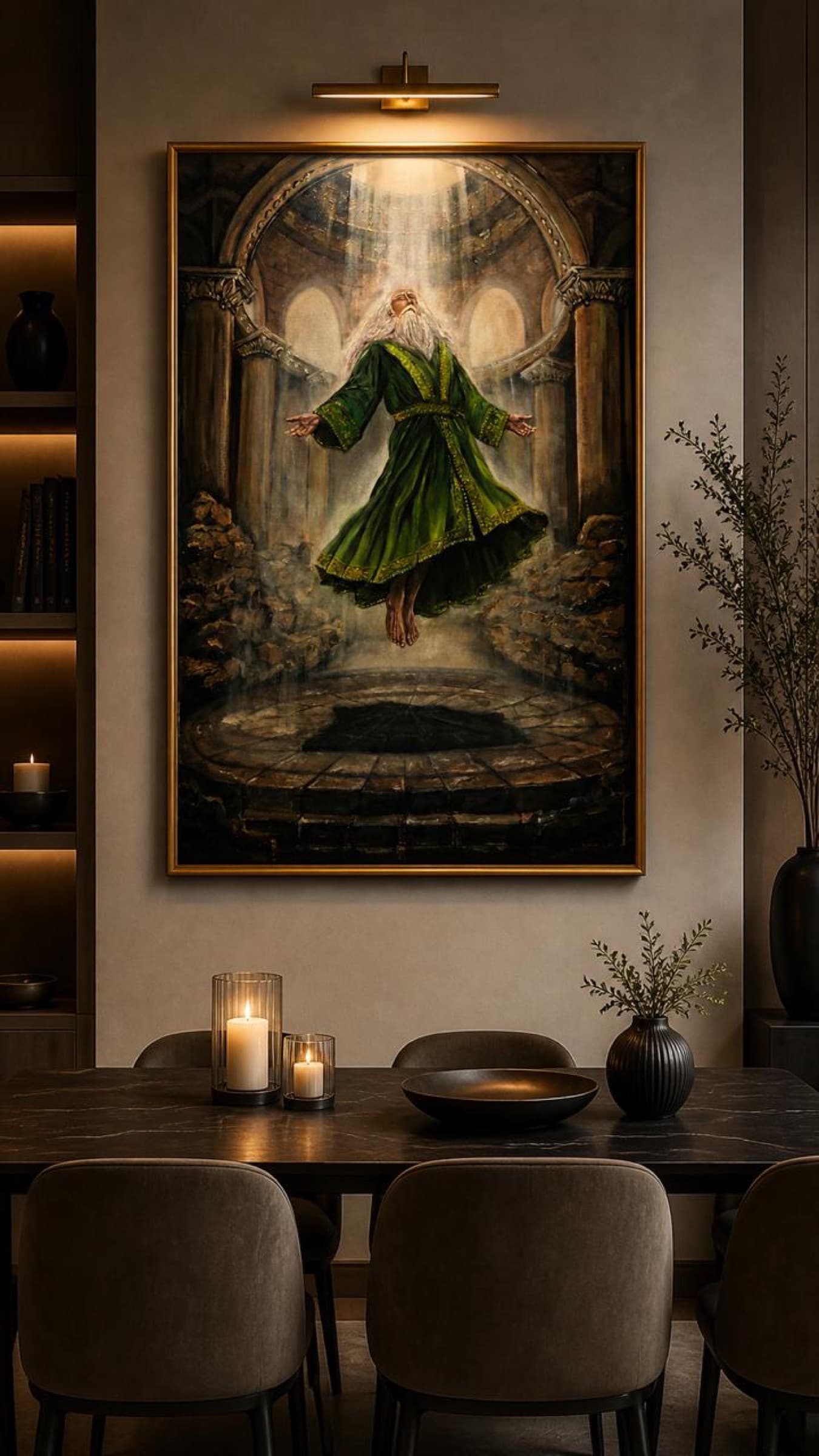 Framed oil painting of Zarathustra - Master of Ascension by Saman Keyvanpour displayed on a dark wall in a modern room setup with ambient lighting.