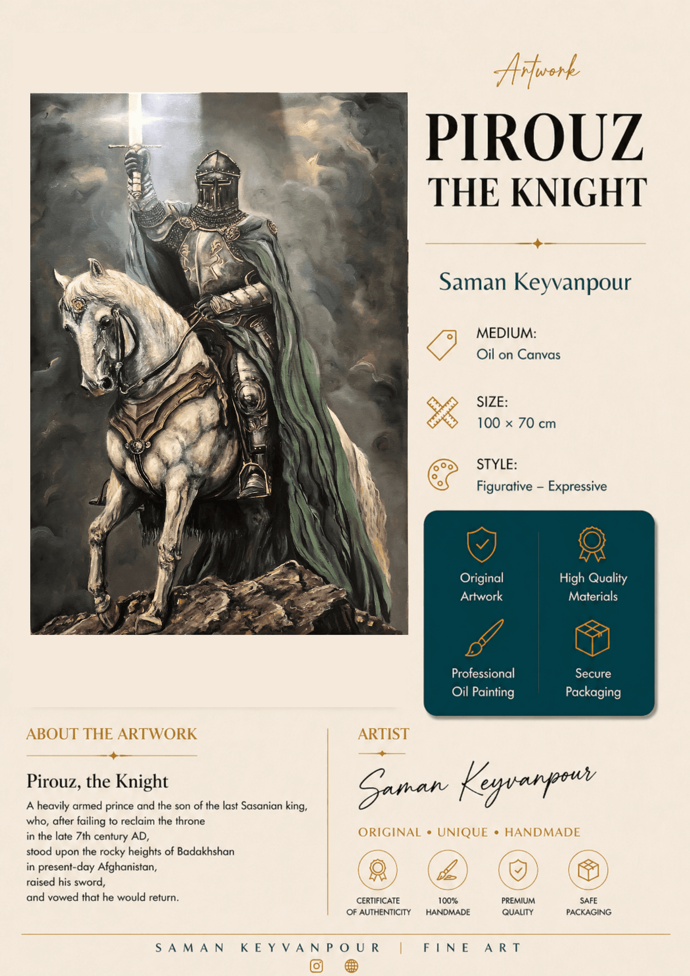 Infographic presentation card for the artwork Pirouz, the Knight by Saman Keyvanpour, featuring the painting and its historical background.