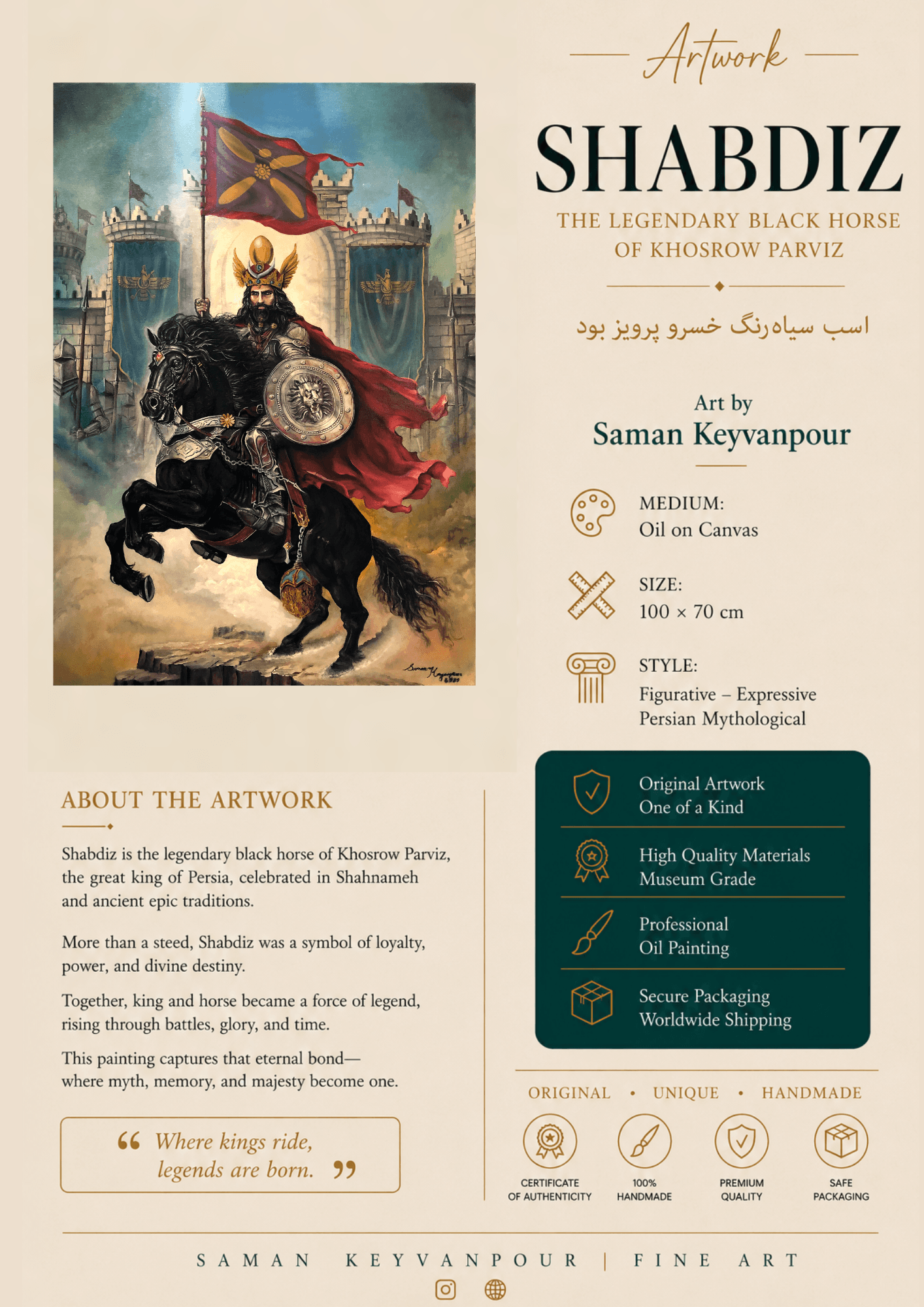 Infographic presentation card for the artwork Shabdiz by Saman Keyvanpour, featuring the painting and its Persian mythological background.