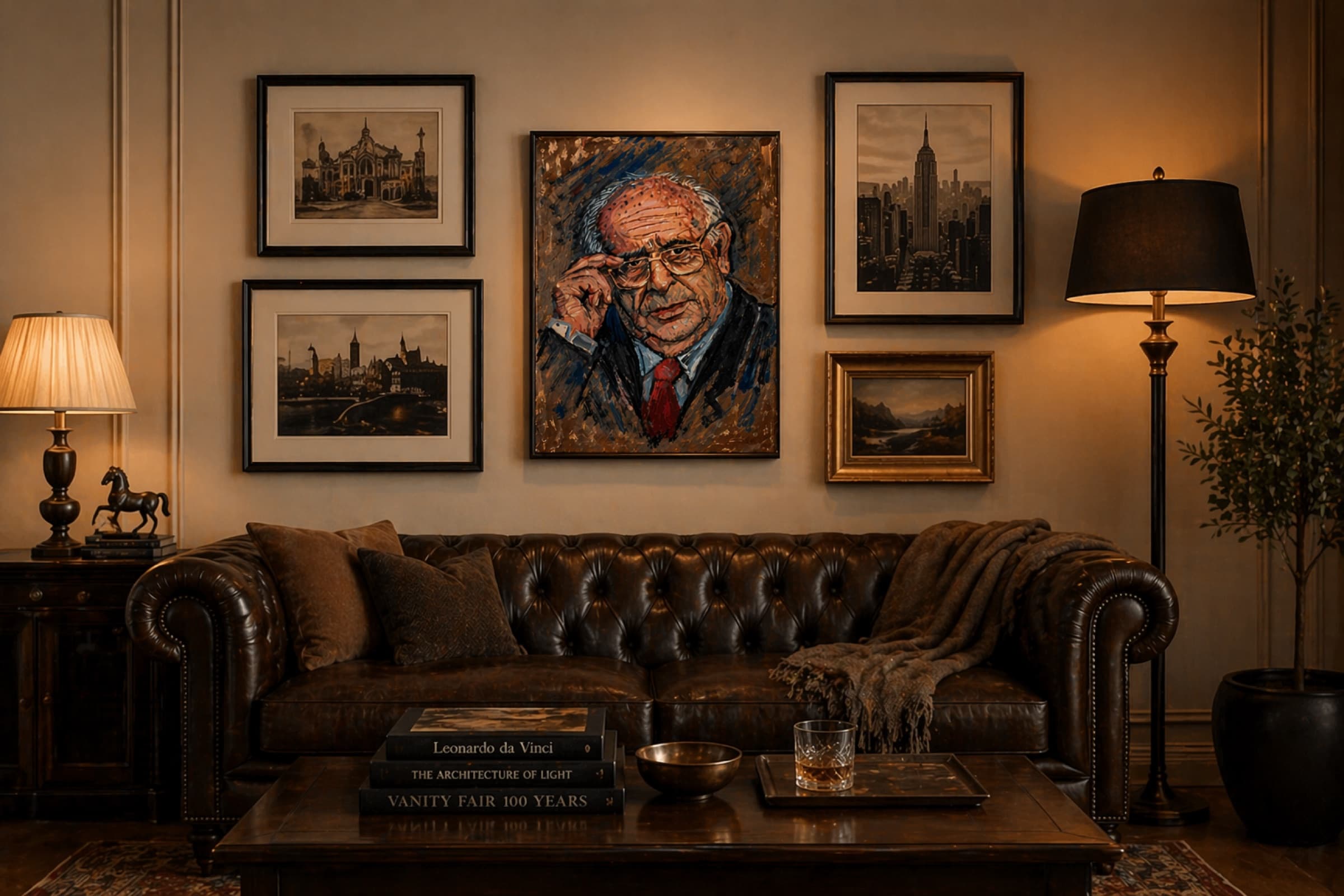 Framed acrylic painting of Süleyman Demirel by Saman Keyvanpour showcased on a wall in a modern room setting.