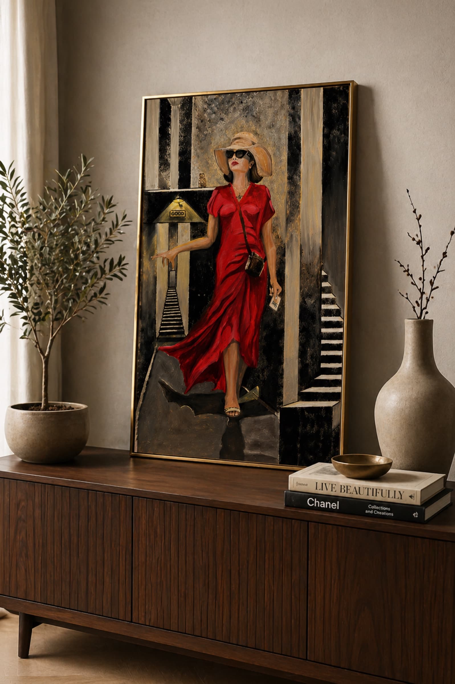 Framed oil painting of The Best by Saman Keyvanpour showcased on a stylish wall in a contemporary interior setting.