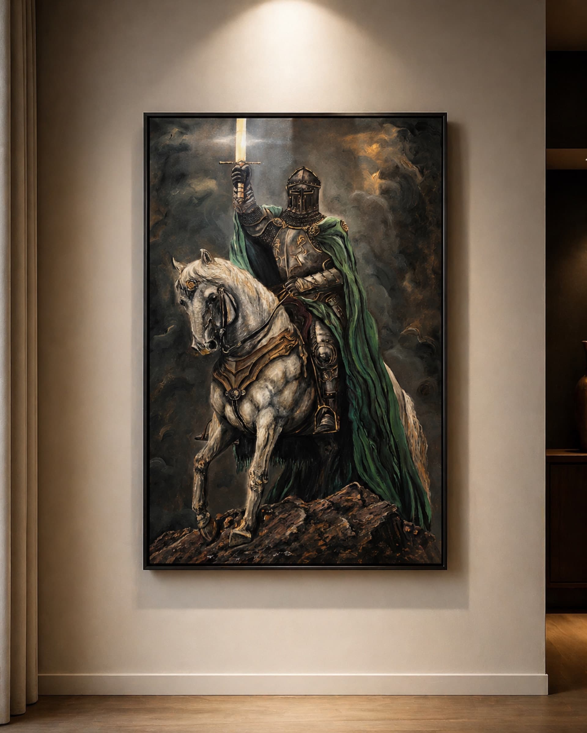 Framed oil painting of Pirouz, the Knight by Saman Keyvanpour displayed on a wall in a premium contemporary interior setting.