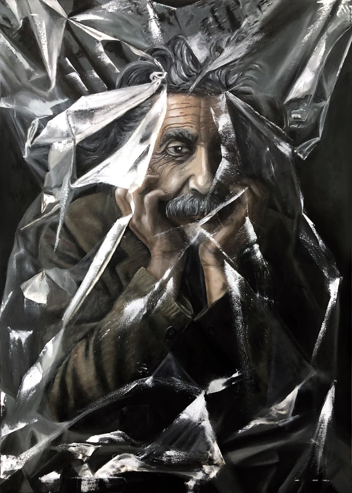 Saman Keyvanpour, Symphony of Light and Matter, oil on canvas portrait of Albert Einstein wrapped in fractured crystalline geometric planes.