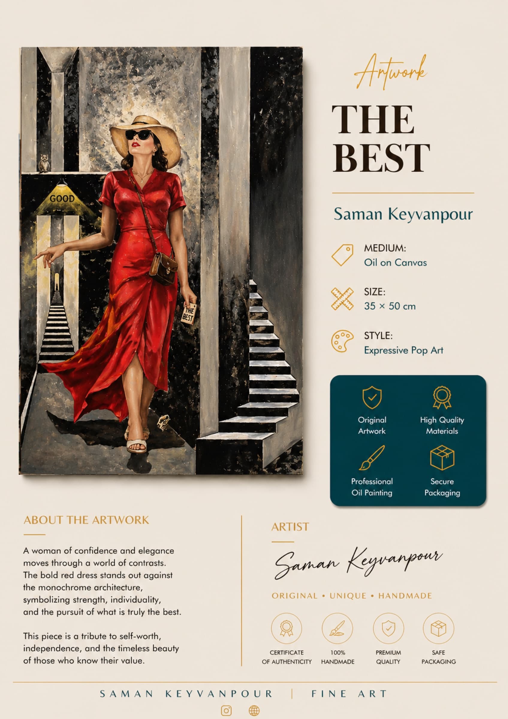 Infographic presentation for the artwork The Best by Saman Keyvanpour, highlighting the painting details, expressive pop art style, and conceptual themes.