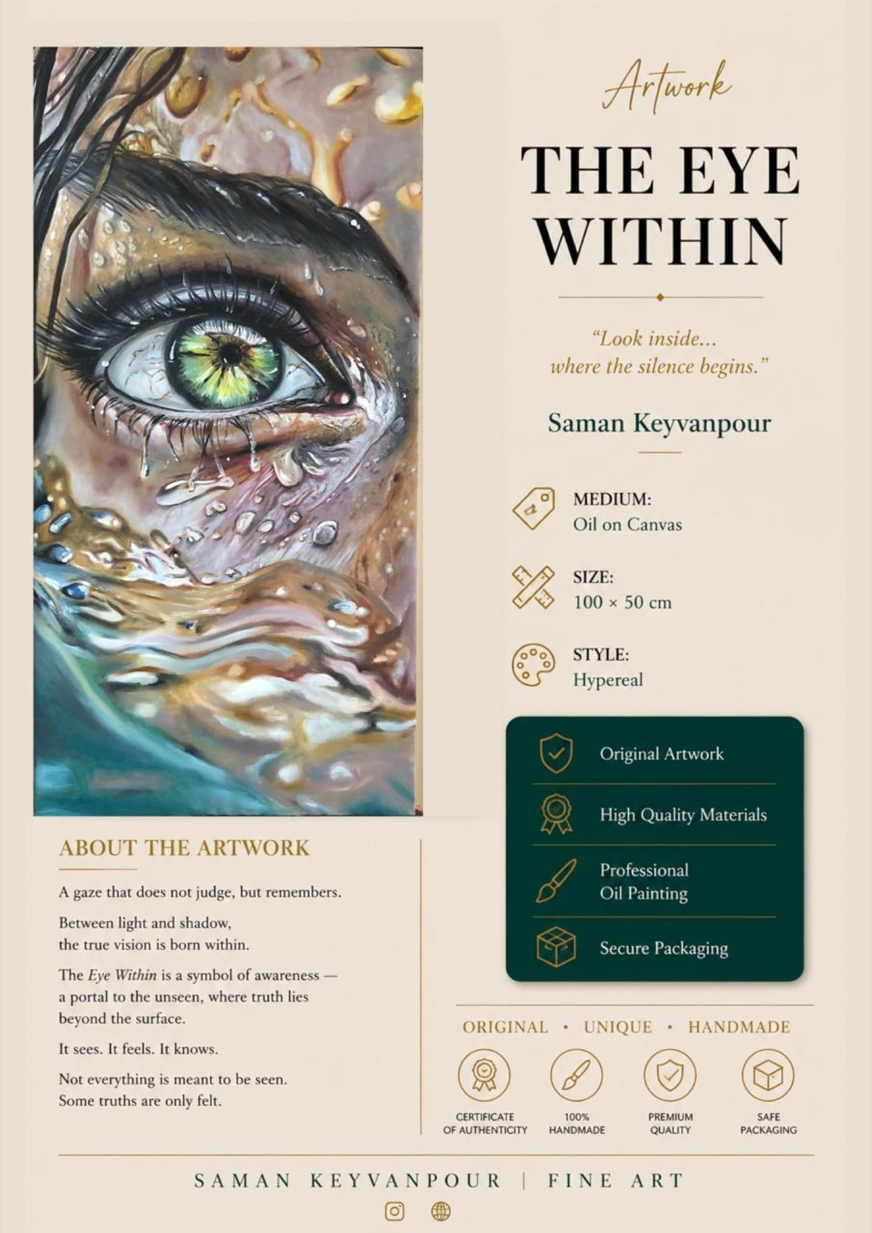 Infographic presentation for the artwork The Eye Within by Saman Keyvanpour, featuring the painting, quotes, dimensions, and artistic style details.