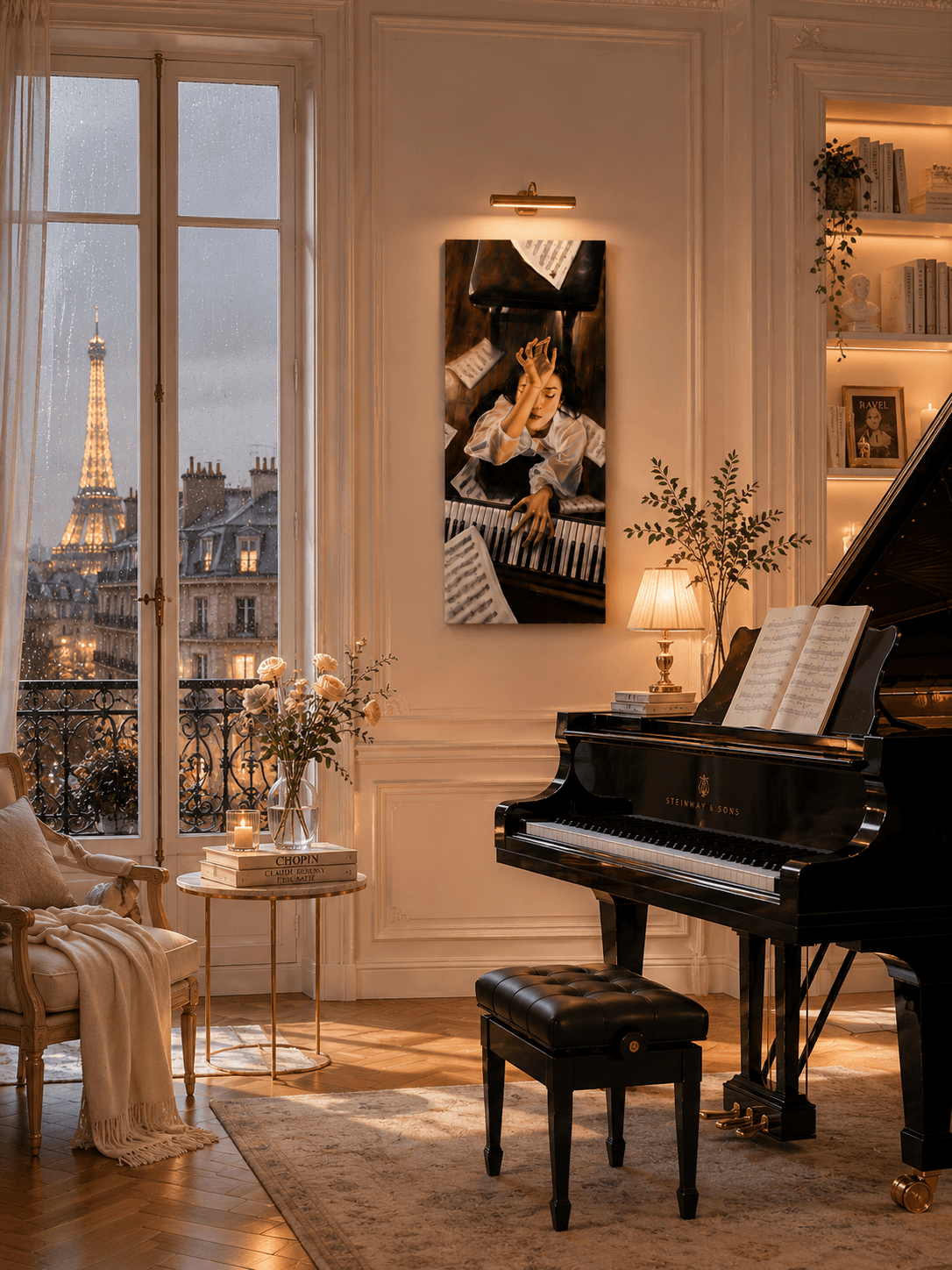 Framed oil painting of The Last Note by Saman Keyvanpour displayed on a wall in a modern room setup with premium interior design.