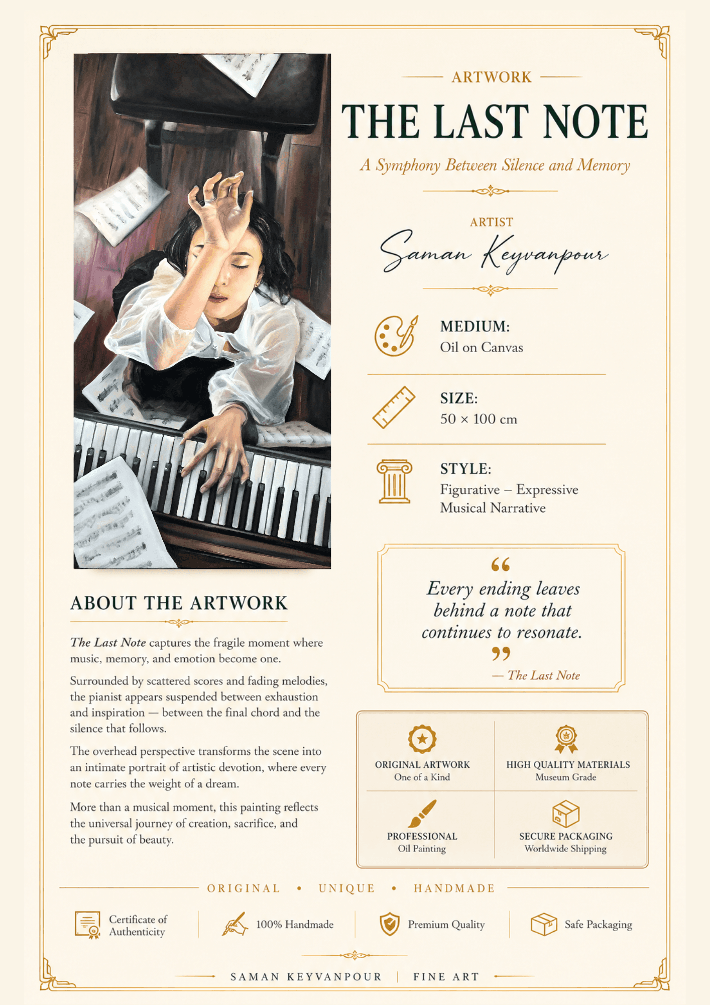 Infographic presentation for the artwork The Last Note by Saman Keyvanpour, featuring the painting, conceptual text, and canvas dimensions.