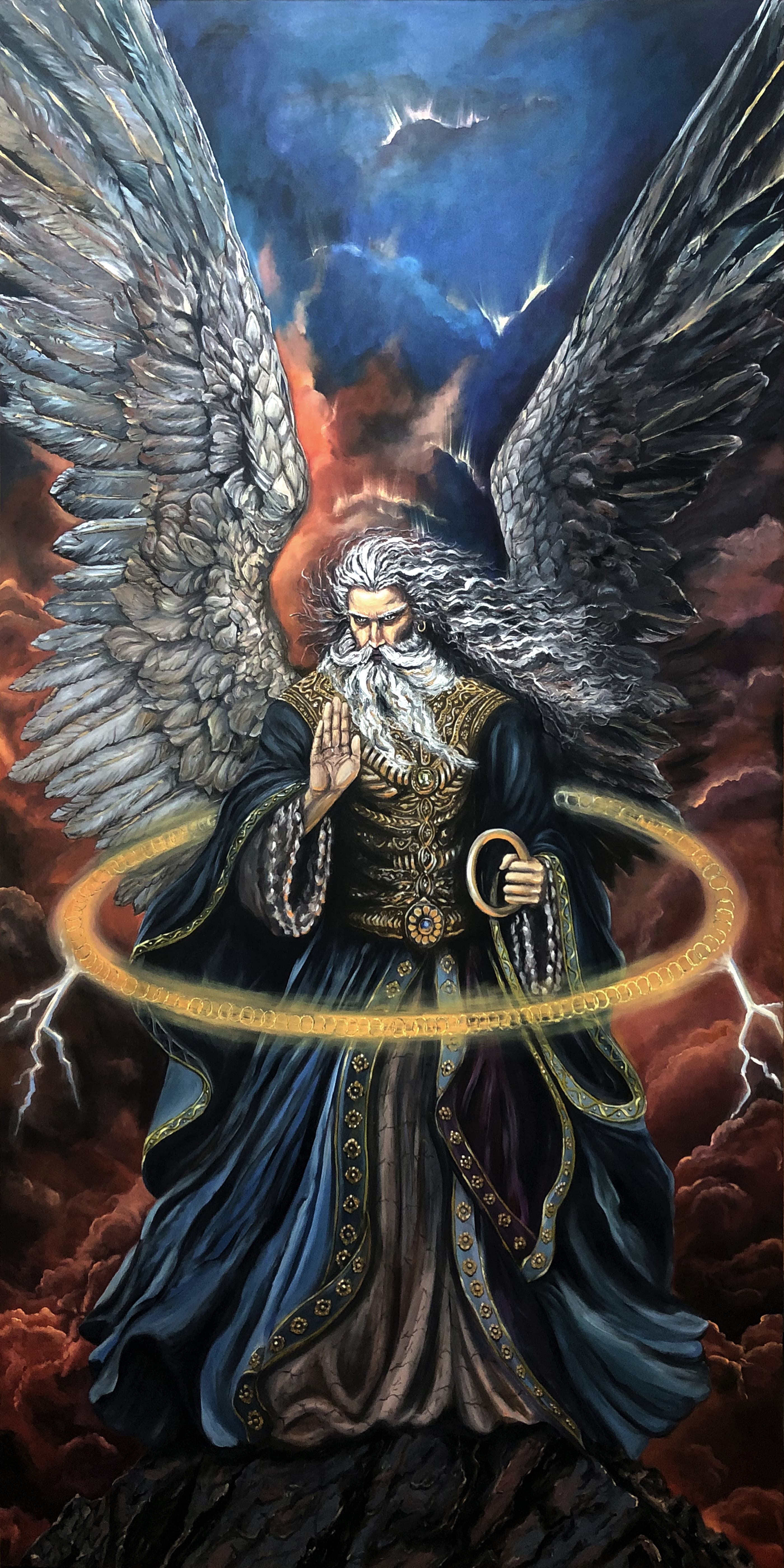 Saman Keyvanpour, Ahura Mazda: The Descent of Wisdom, monumental oil on canvas painting depicting the Zoroastrian deity descending upon the Zagros Mountains within a golden winged ring amidst burning cosmic chaos.