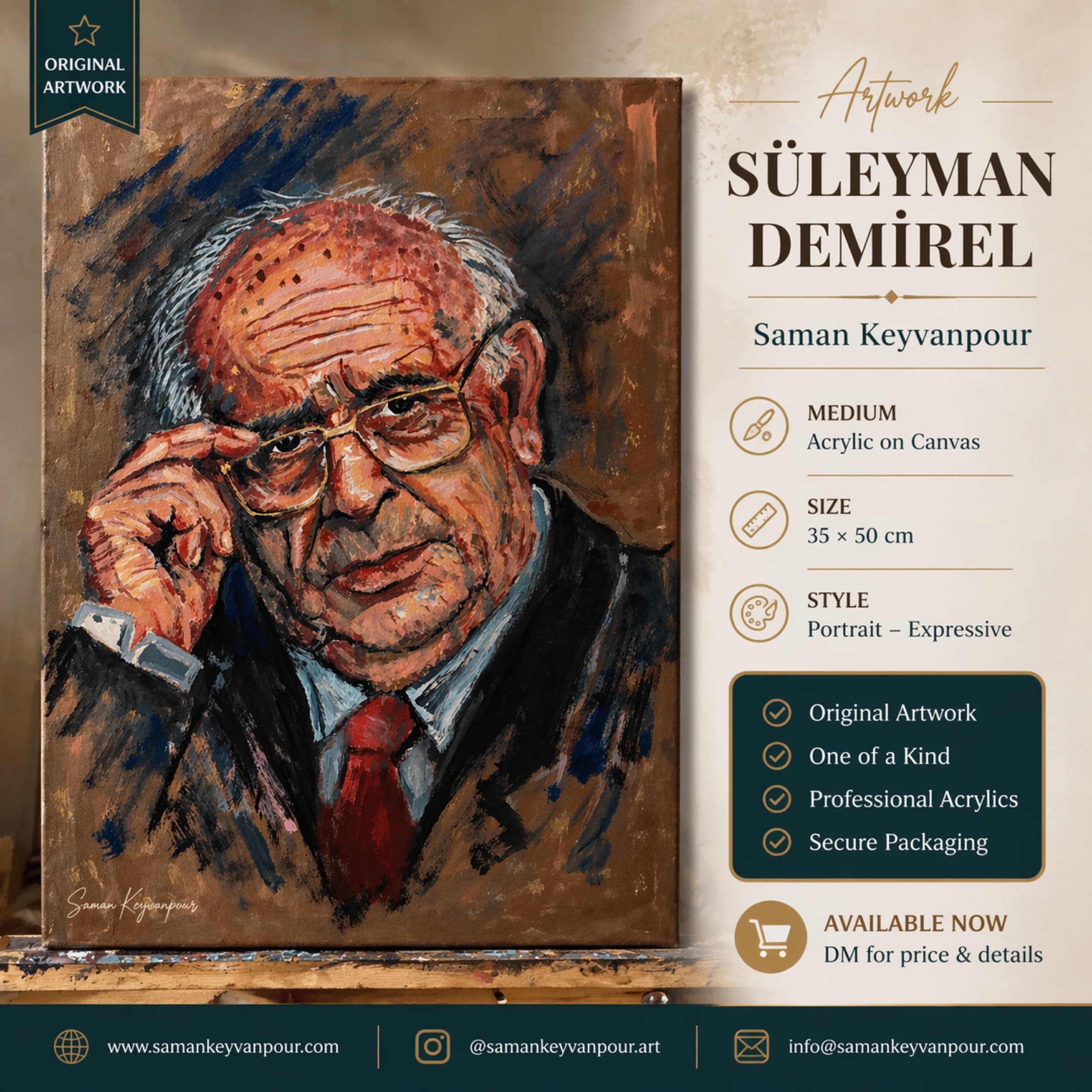 Infographic presentation for the artwork Süleyman Demirel by Saman Keyvanpour, showcasing the canvas size, acrylic medium, and expressive portrait style.